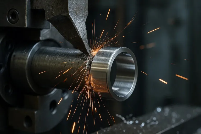 CNC machine shaping titanium ring from solid rod