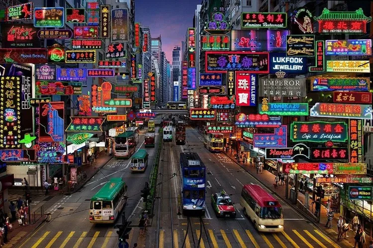 Temple Street night market with colorful stalls