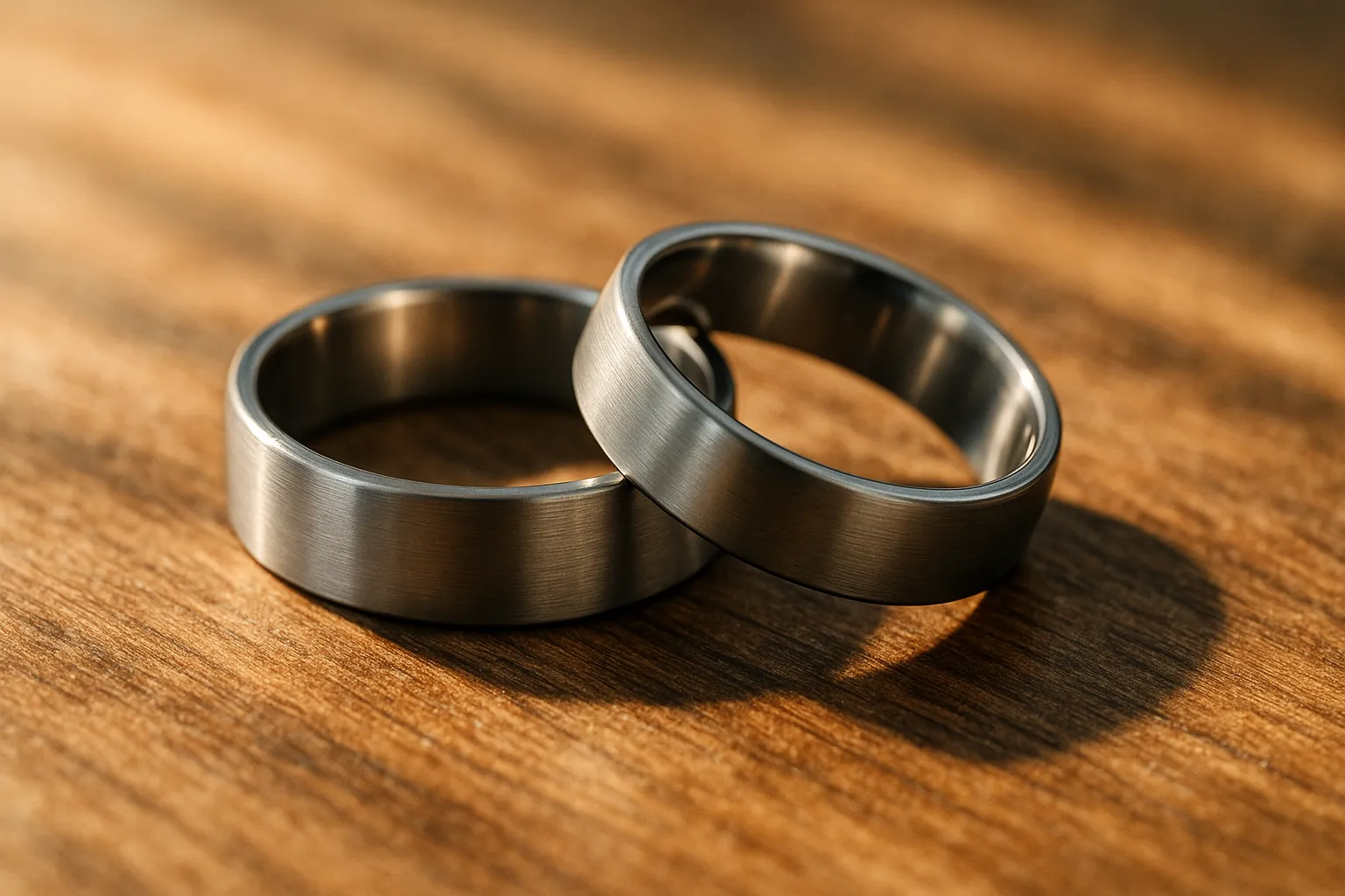Pair of titanium wedding bands on wooden surface symbolizing strength and love