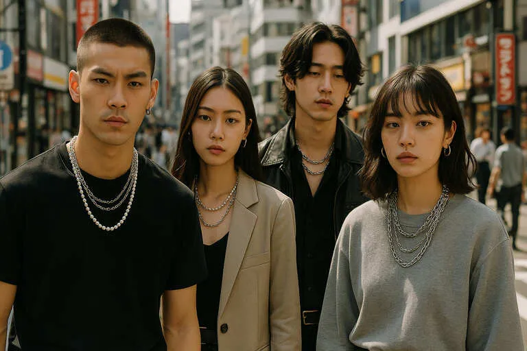 Tokyo street fashion 2025 with young people wearing layered pearl and stainless steel jewelry