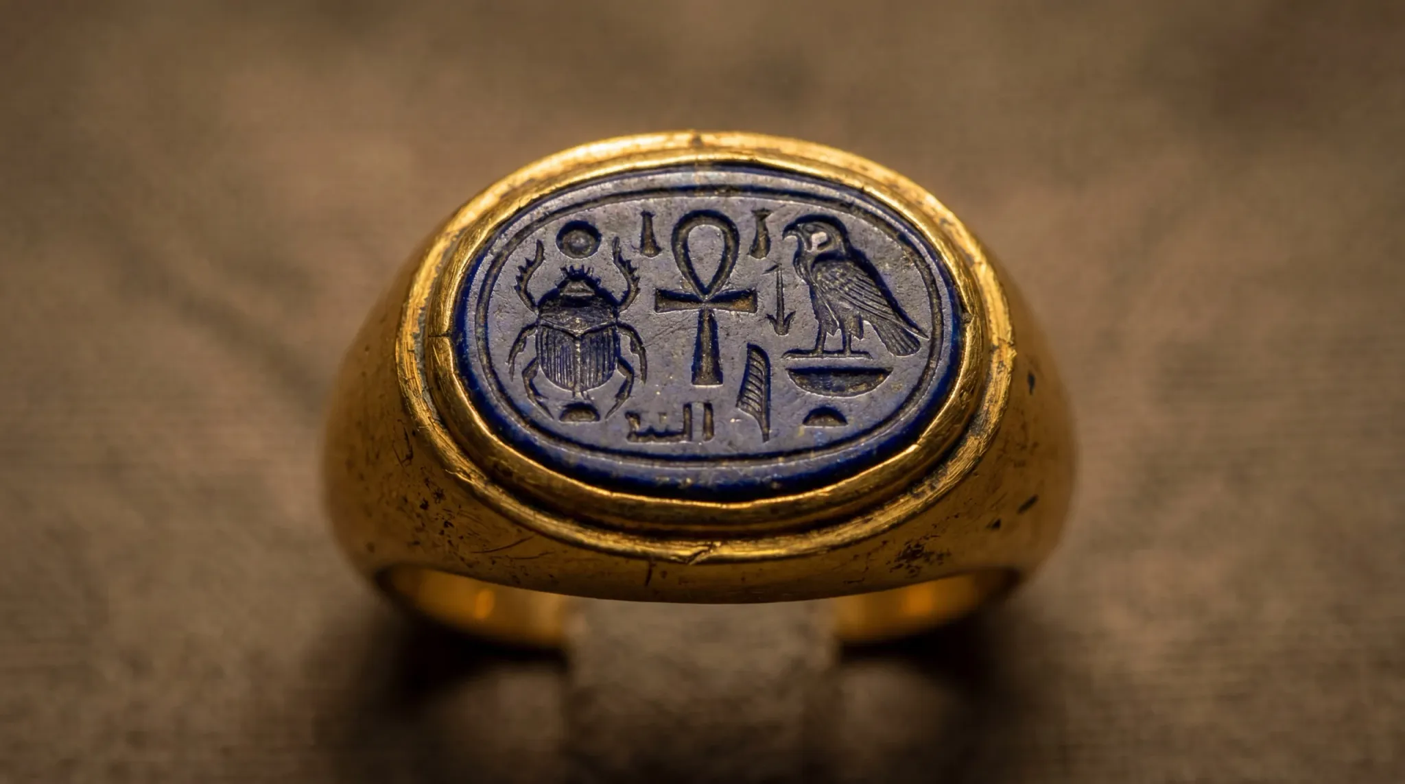 Ancient Egyptian gold signet ring featuring a blue lapis lazuli scarab bezel with detailed hieroglyphs