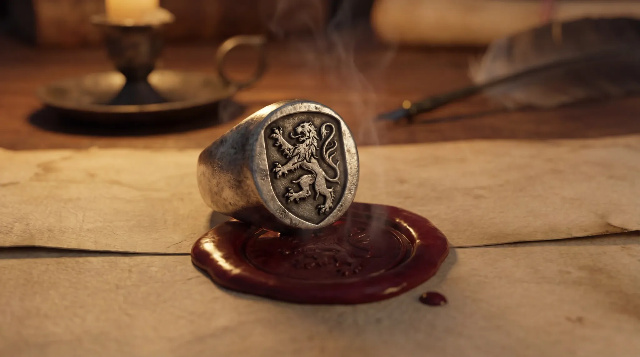 A weathered medieval silver signet ring with a lion crest being pressed into a pool of red sealing wax on parchment