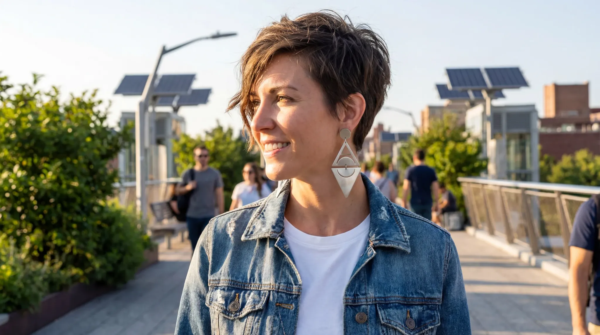 Lifestyle shot of a woman wearing casual drop earrings with a denim jacket