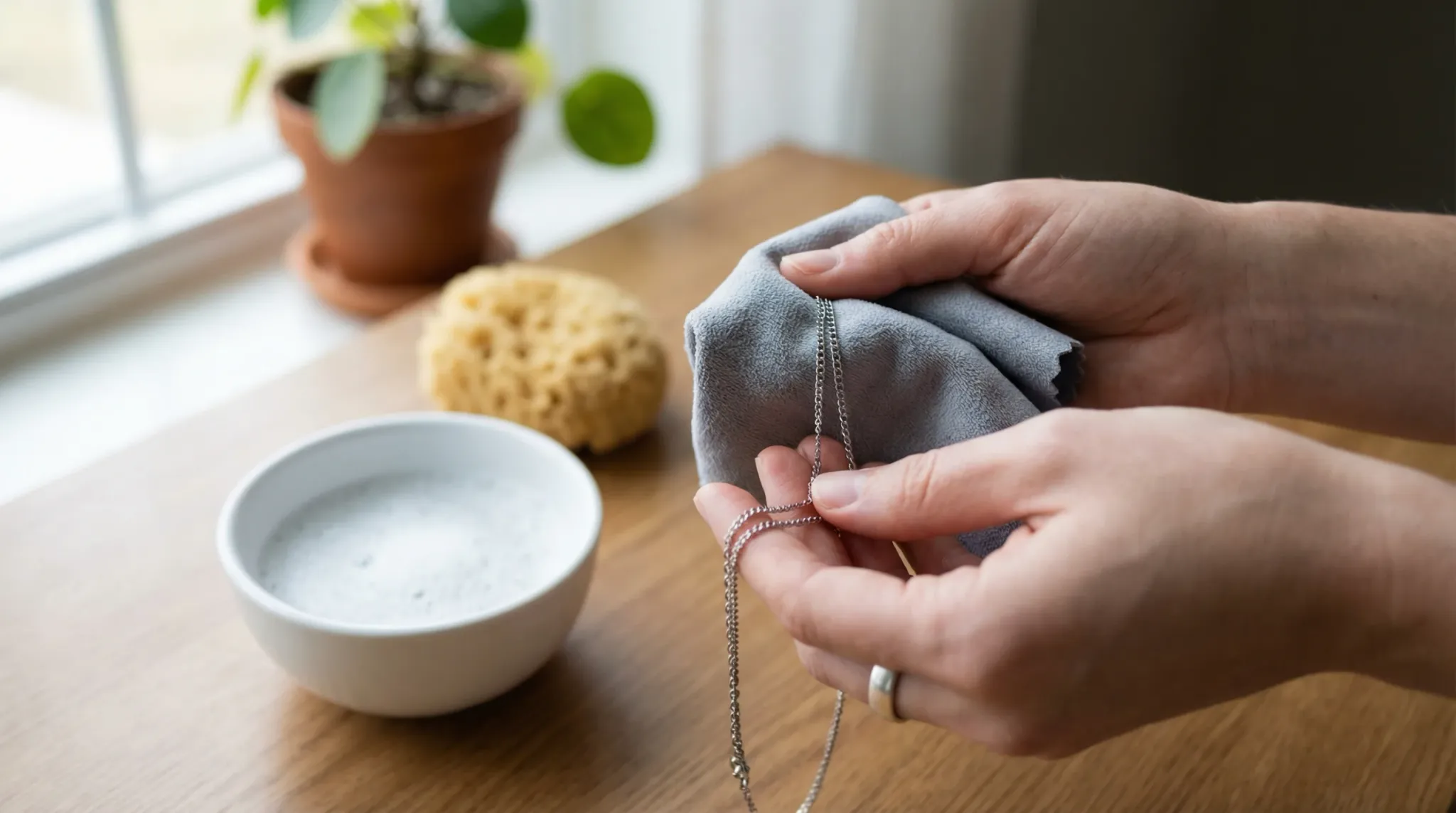 A practitioner cleaning a stainless steel chain with a soft cloth and soapy water