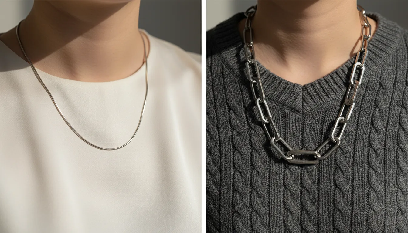 Comparison between dainty 316L chains on silk and bold industrial link chains on heavy knitwear.
