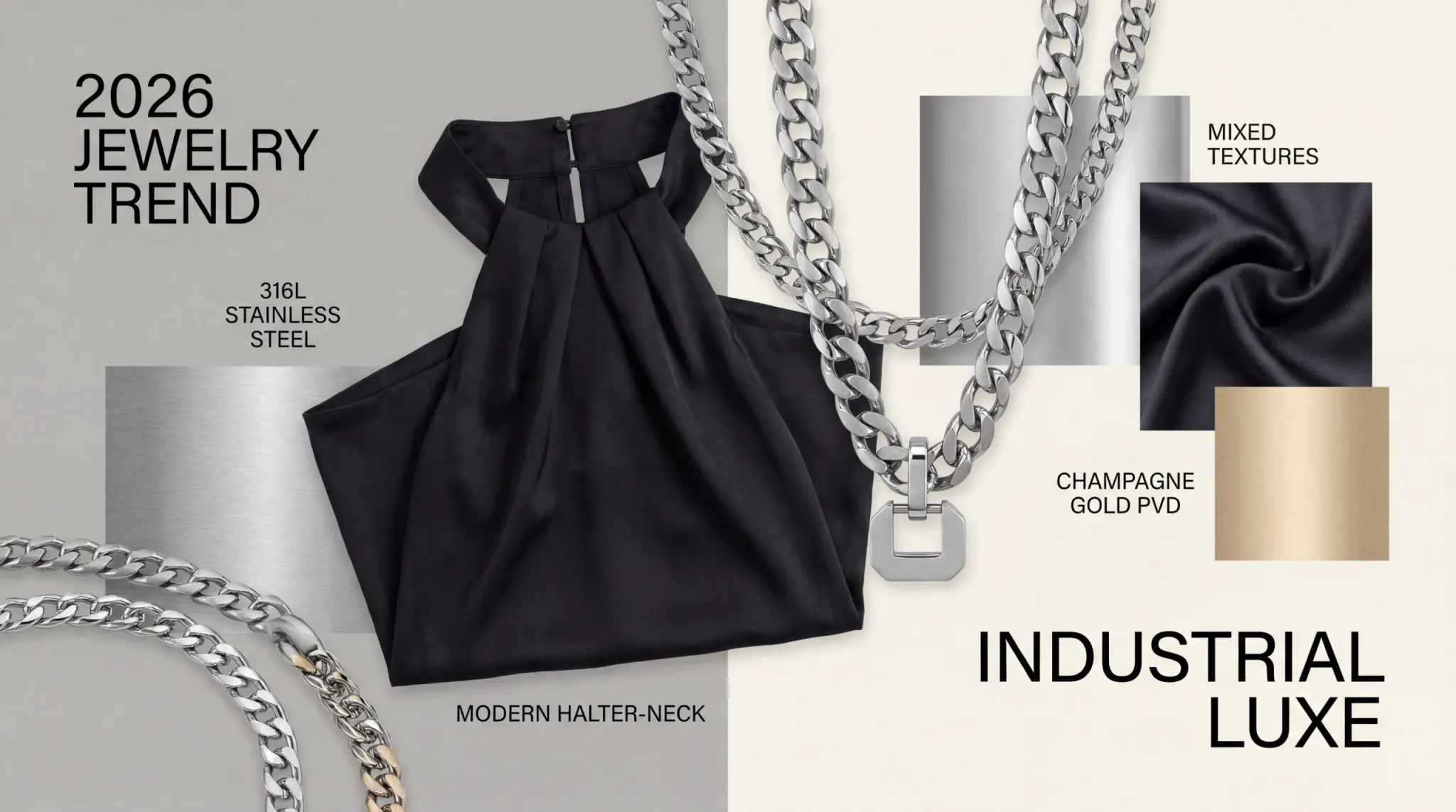 2026 Jewelry Trend Mood Board showing Industrial Luxe aesthetics, mixed textures, and PVD gold finishes on 316L steel.