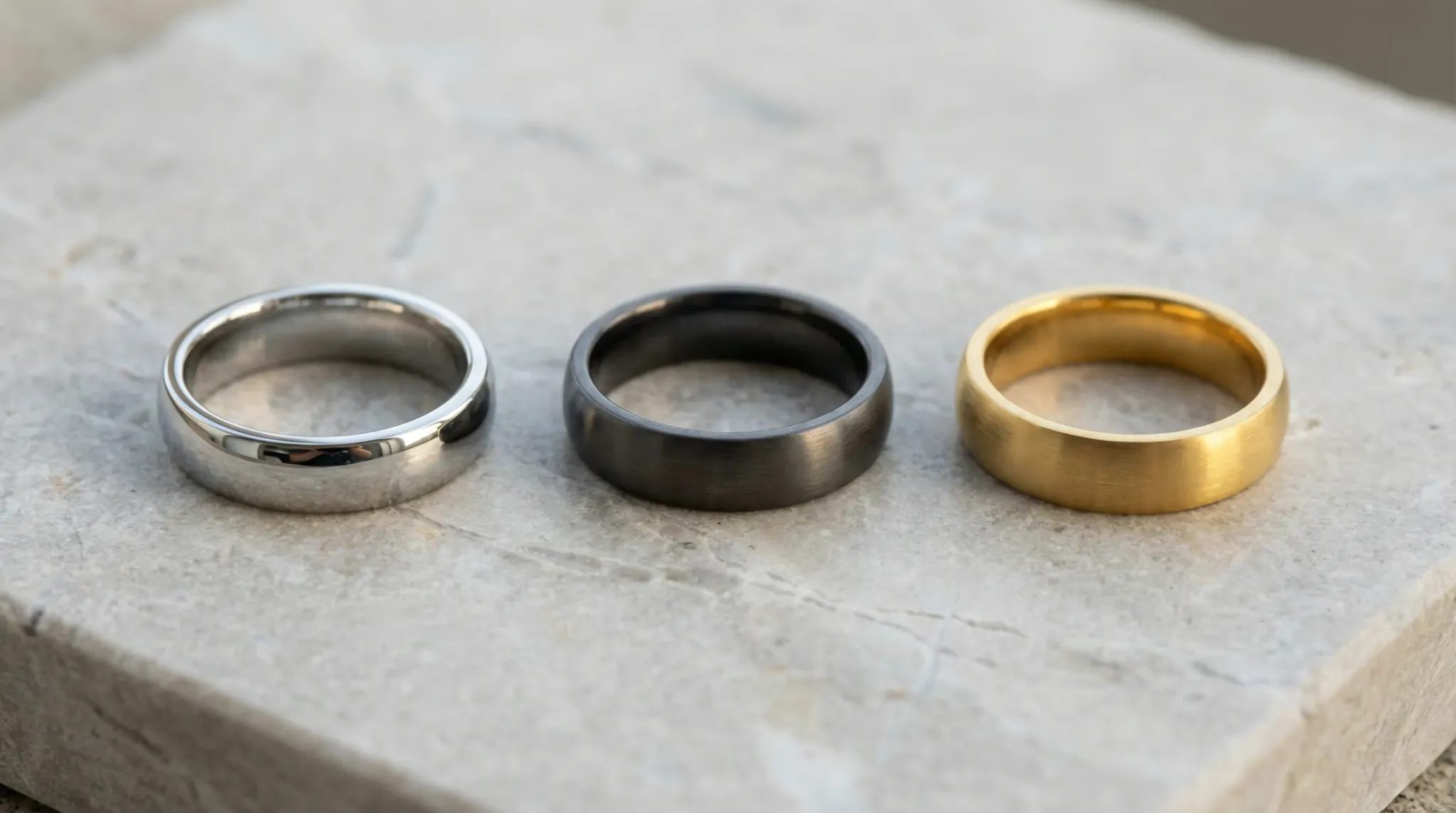 stainless steel ring finishes coA comparison of different stainless steel ring shapes and finishes, including polished, matte, and gold-plated versions.mparison index 22752x1536