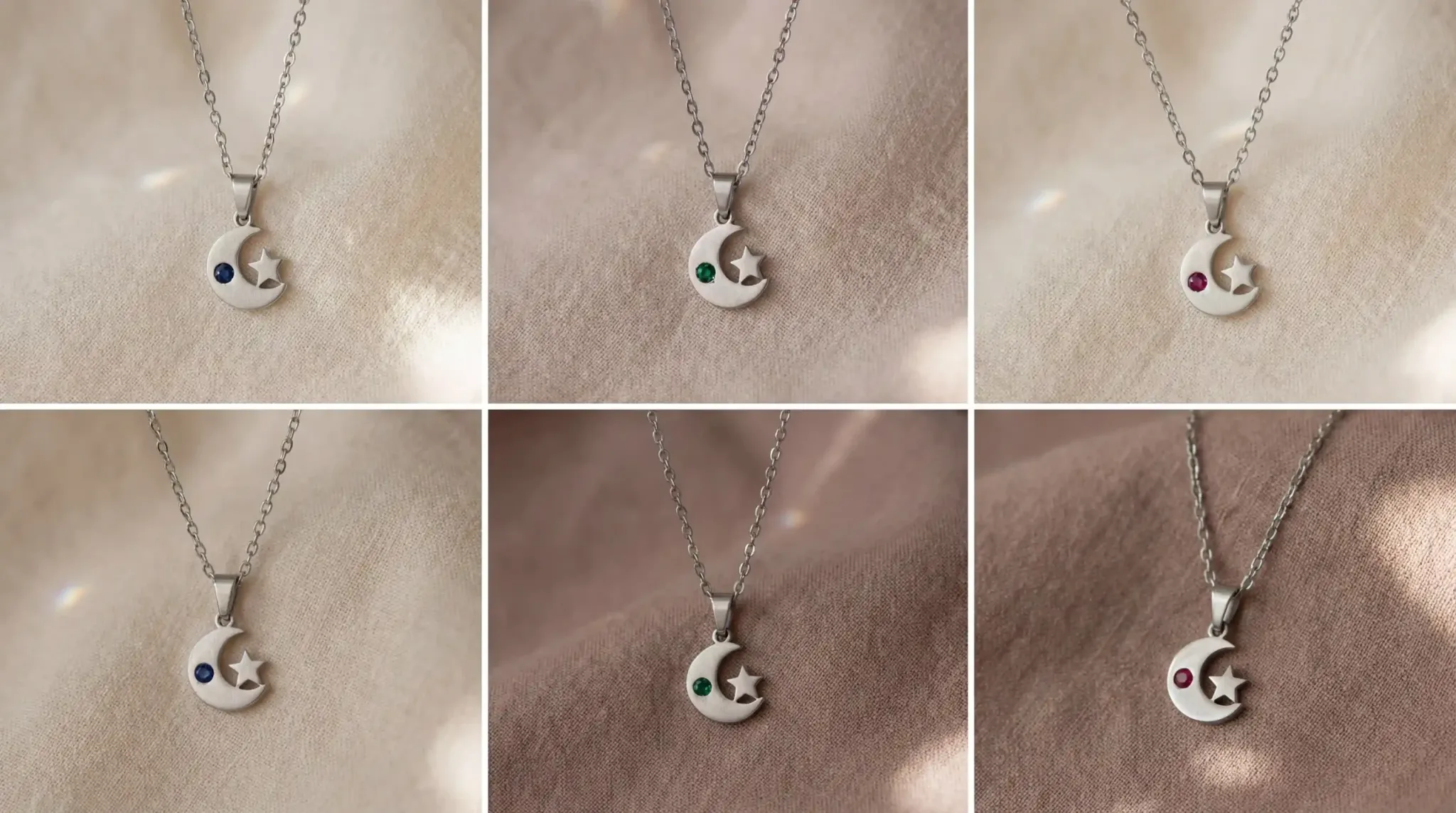 A collection of celestial birthstone necklaces featuring moon and star motifs in durable steel