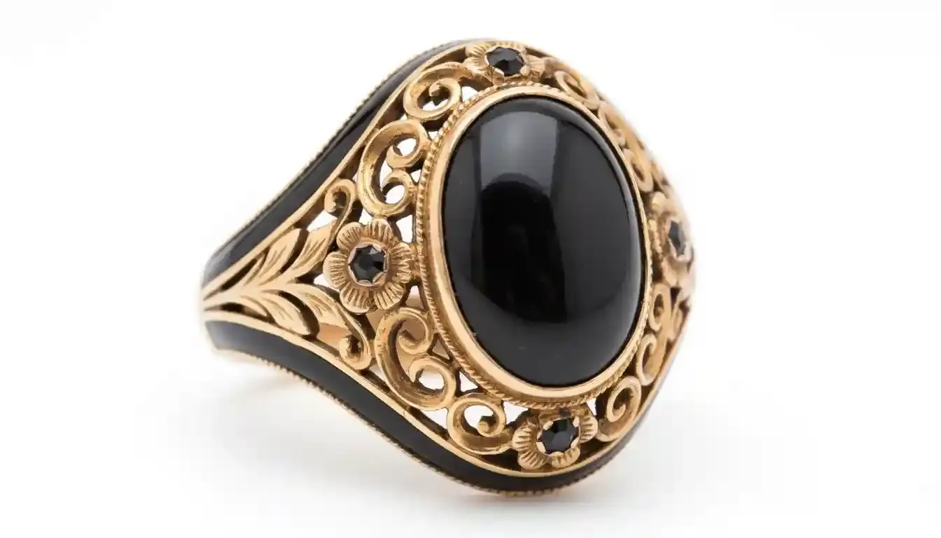 Antique Victorian mourning ring with black enamel and gold accents