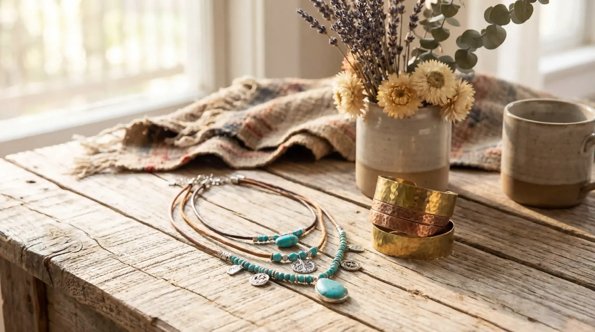 Layered bohemian necklaces with turquoise beads and hammered metal cuffs