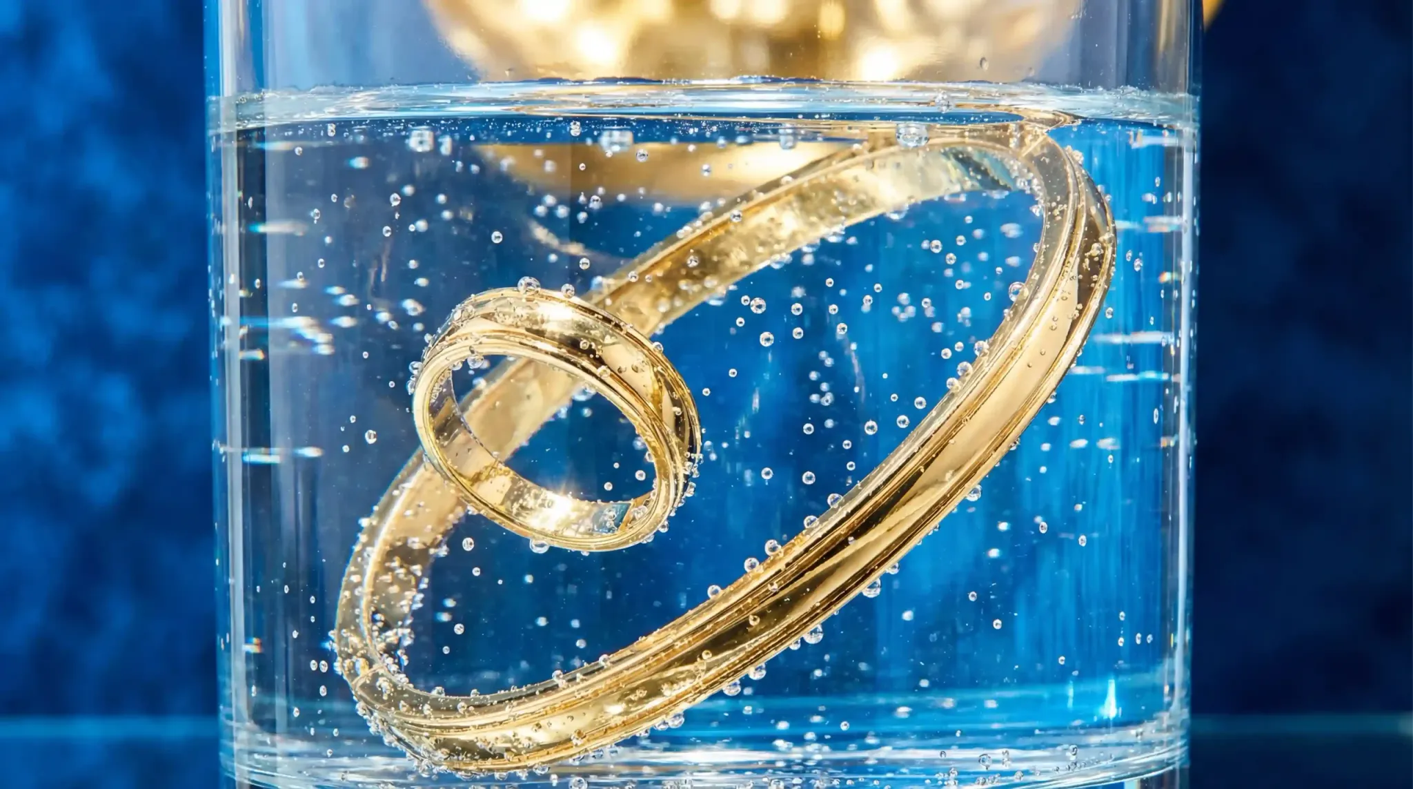 Gold jewelry submerged in water to demonstrate waterproof PVD coating