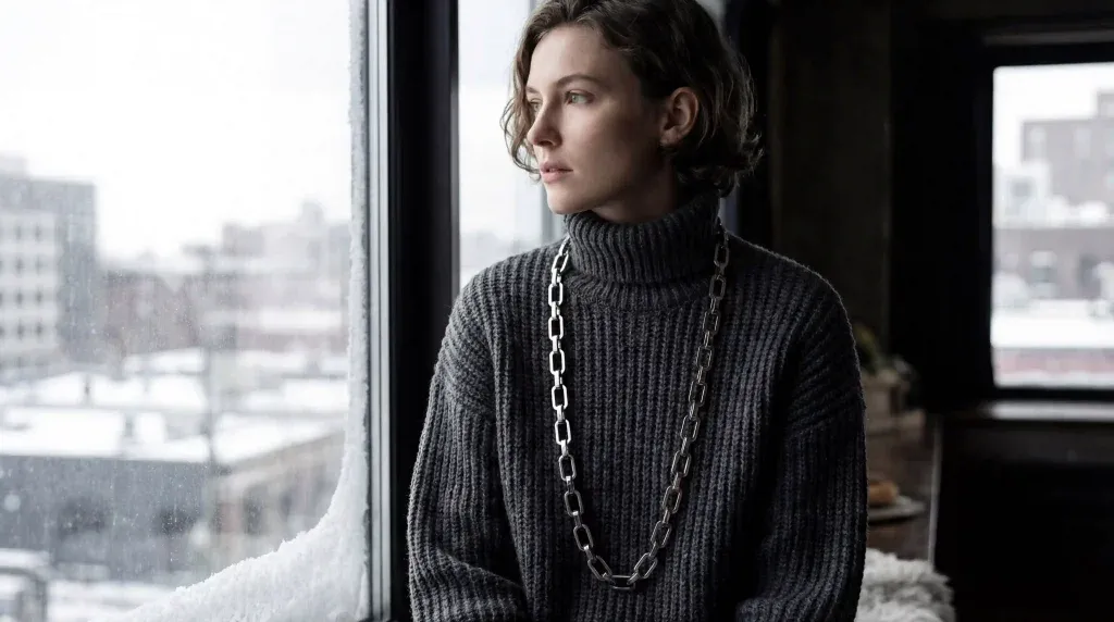 Stainless steel opera chain draped over a heavy charcoal turtleneck