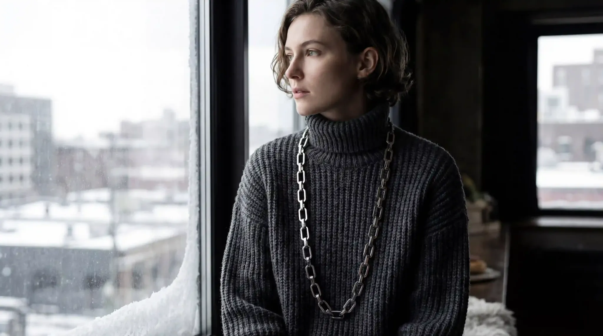 Stainless steel opera chain draped over a heavy charcoal turtleneck