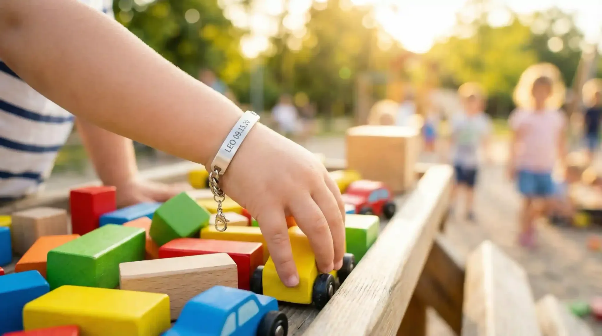 A child playing with colorful wooden blocks while wearing a personalized stainless steel identification bracelet