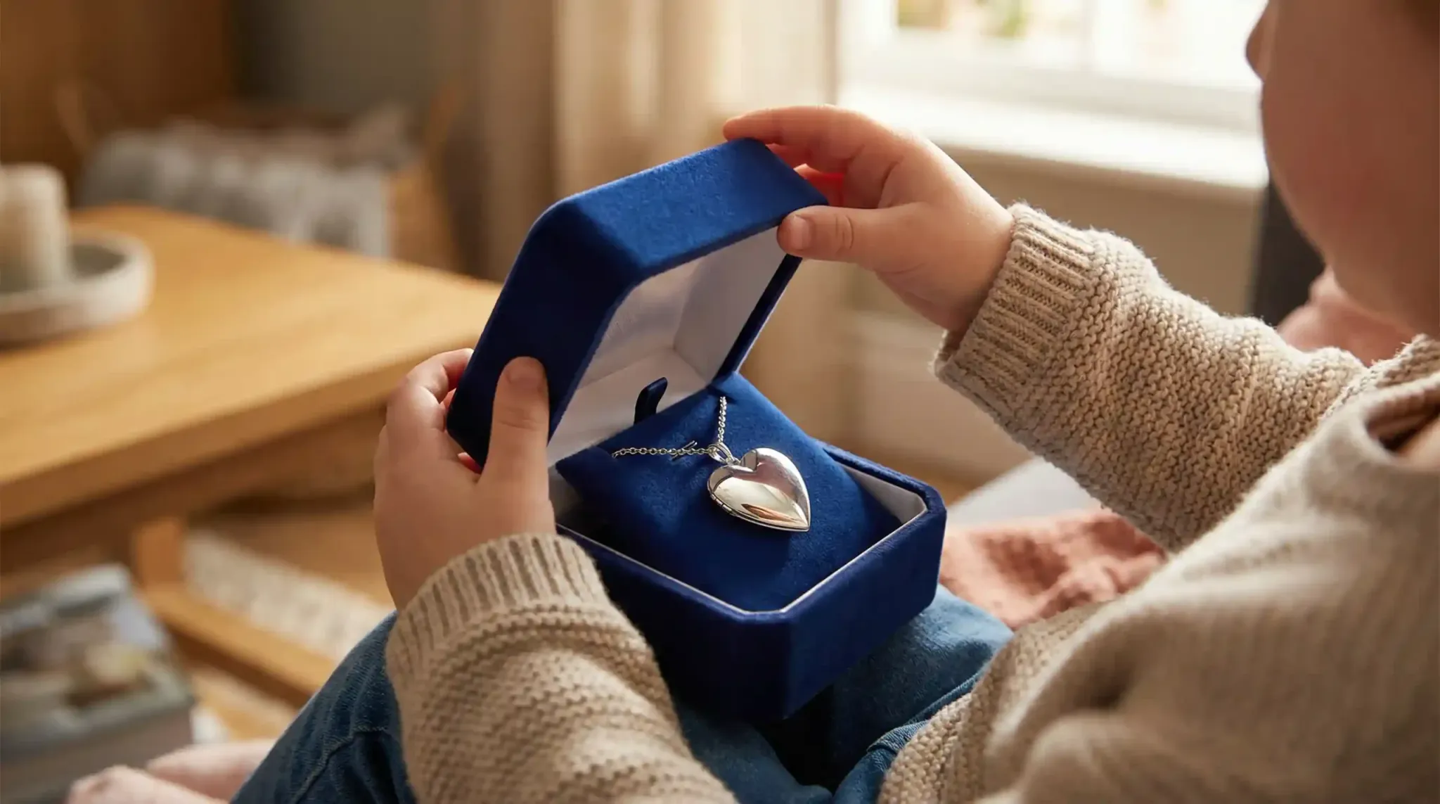 child opening velvet jewelry box