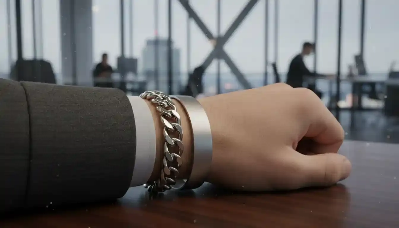 A wrist stack featuring a luxury watch and a polished stainless steel Cuban link bracelet.