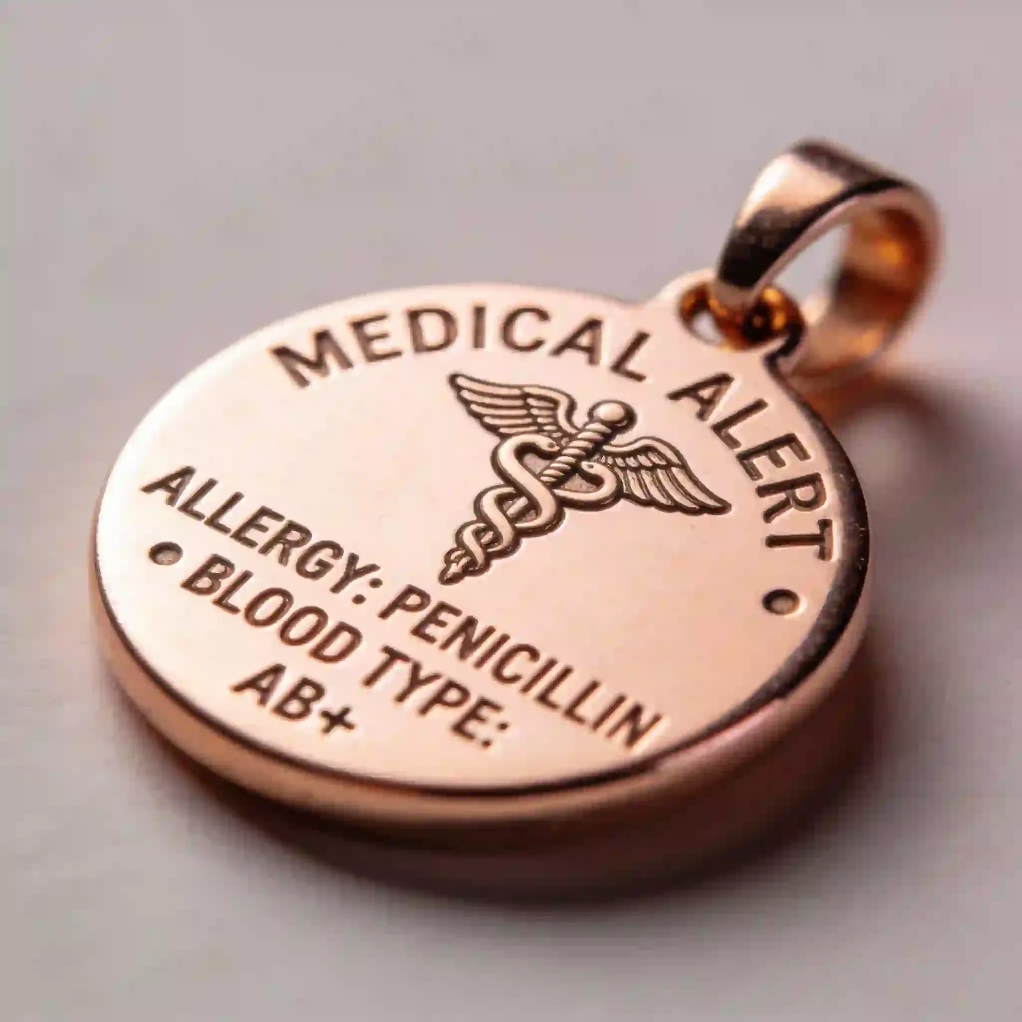 Close-up of a rose gold medical alert charm with deep-etched engraving