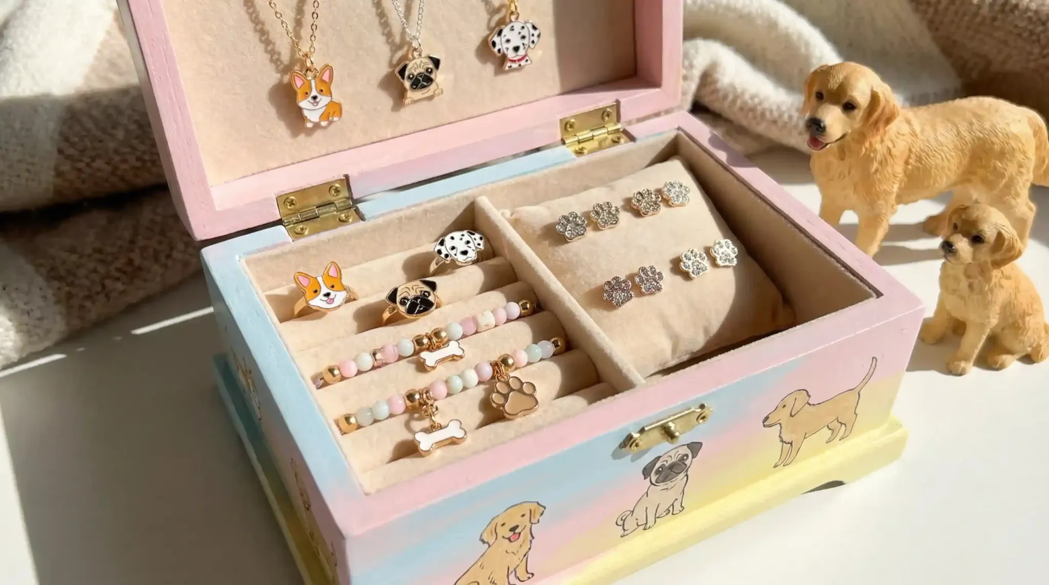 A dog-themed jewelry box filled with various puppy earrings, rings, and bracelets.