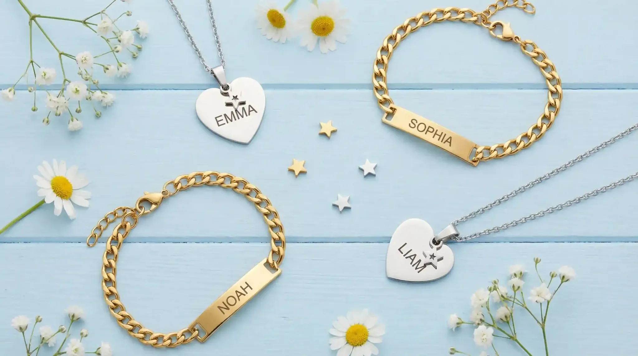 Various gold and silver personalized jewelry for kids including name bracelets and heart necklaces