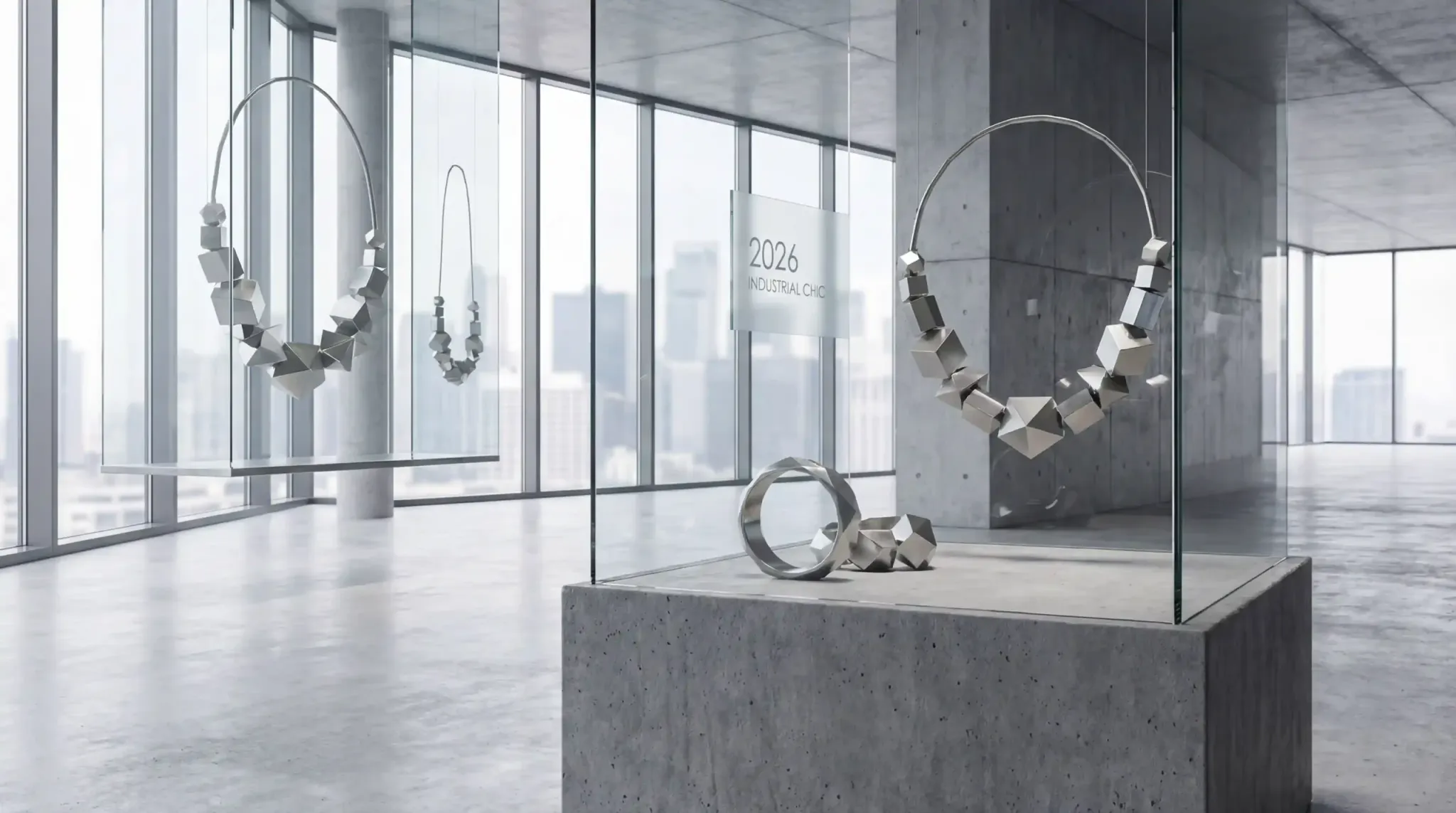 A futuristic jewelry display for 2026 featuring structural, industrial chic necklaces and rings in a high-rise showroom.