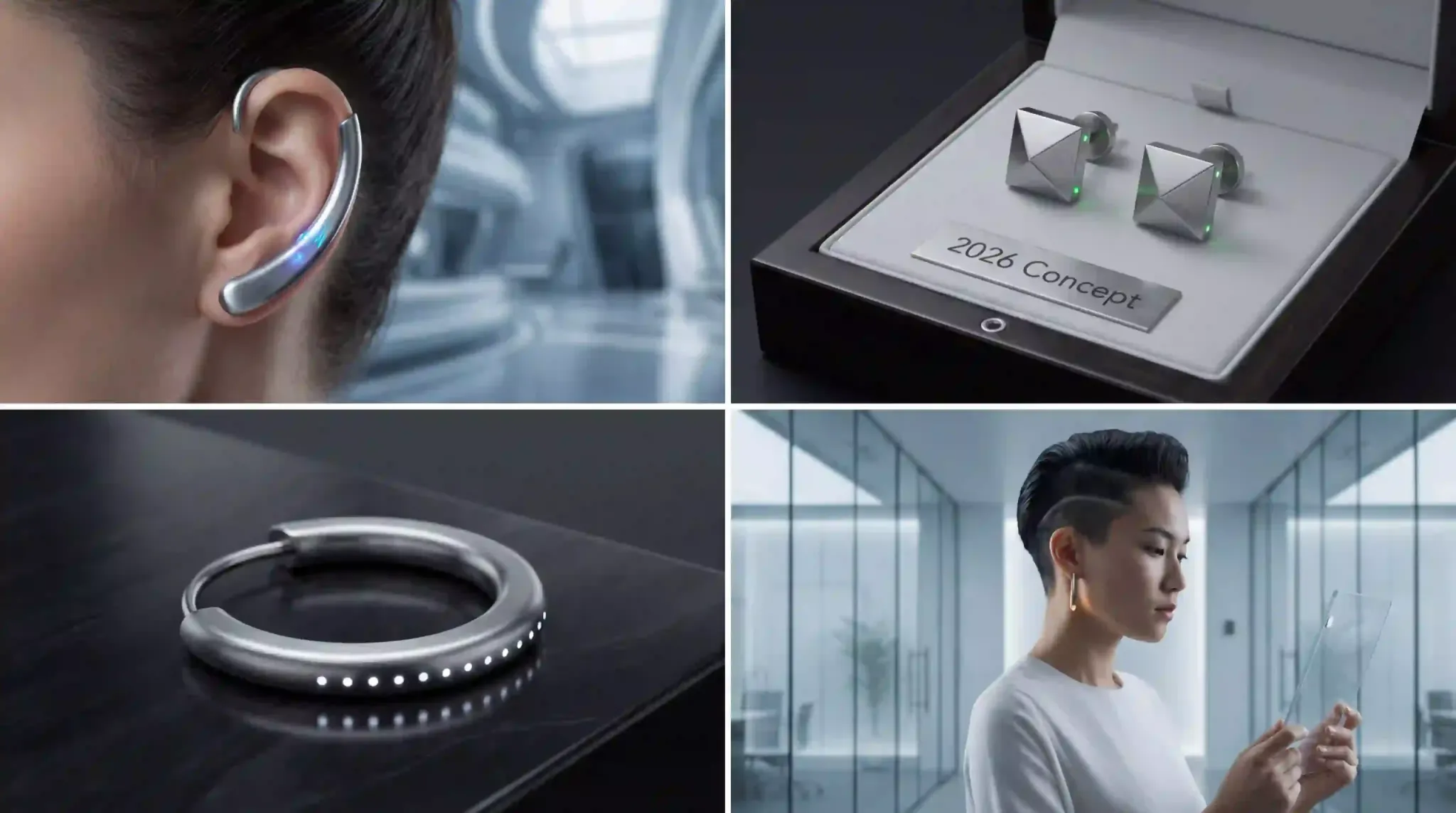 Concept render of a 2026 smart earring with sleek 316L steel and embedded micro-LED health indicators.