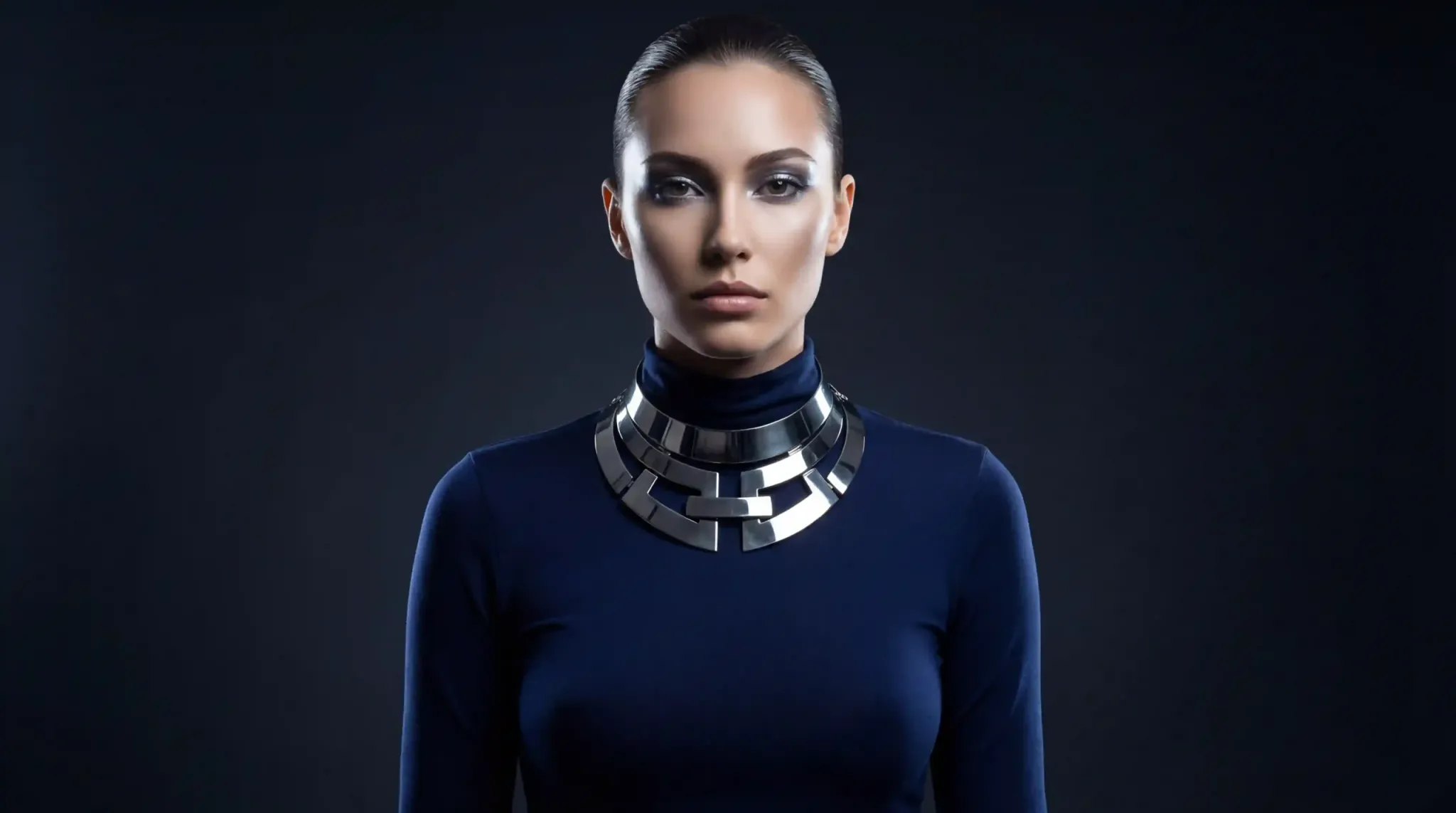 A woman wearing a futuristic 316L stainless steel collar over a dark blue high-neck garment, demonstrating the Architectural Maximalism trend of 2026.