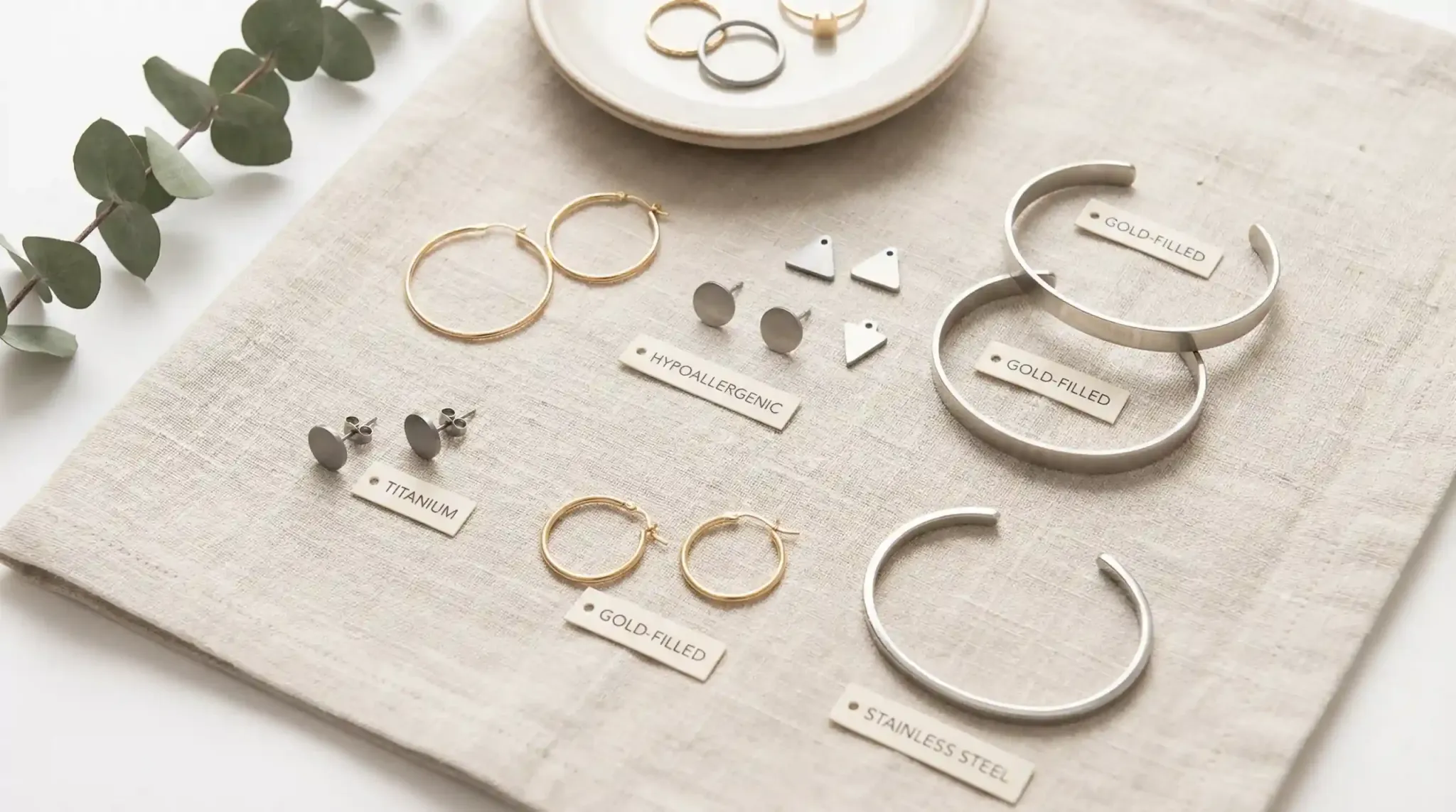 A flatlay of various jewelry pieces labeled Titanium, Stainless Steel, and Gold-Filled