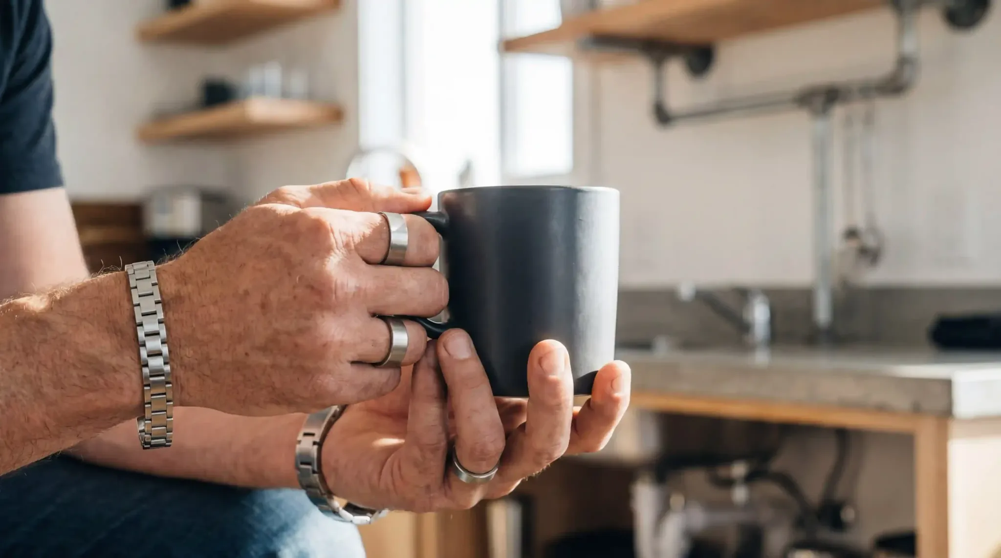 A person wearing industrial-style rings and bracelets while holding a coffee mug in a modern kitchen.