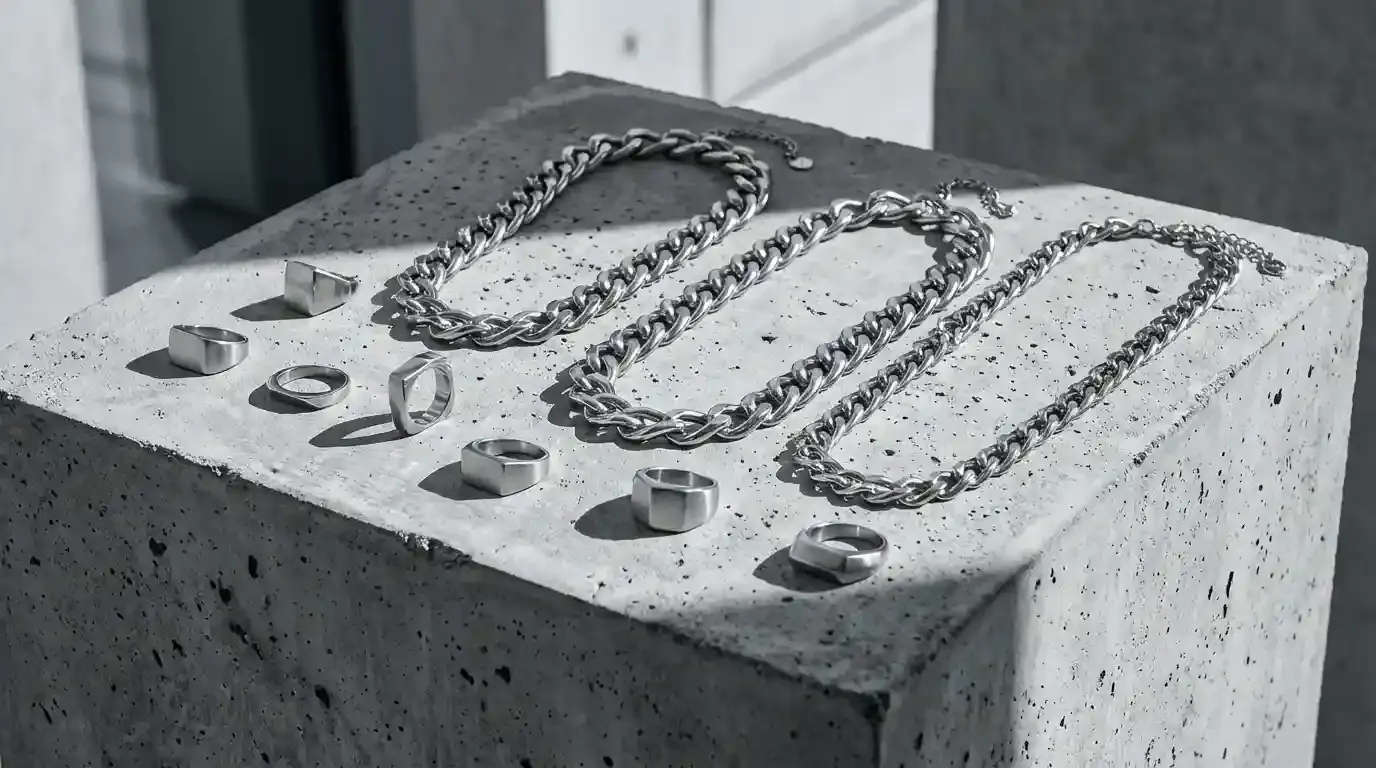 A collection of minimalist stainless steel jewelry showcasing the 2026 industrial design trend