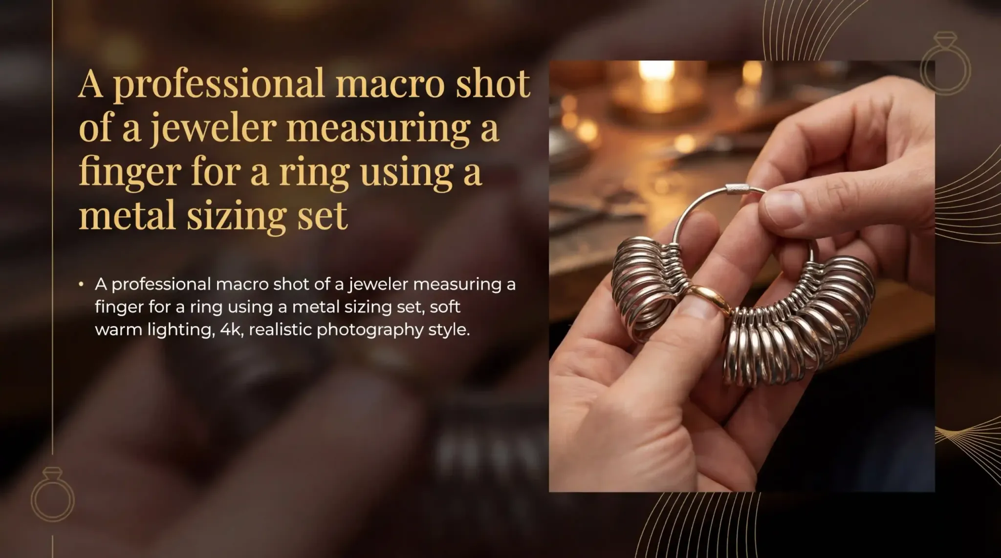 A professional macro shot of a jeweler measuring a finger for a ring using a metal sizing set