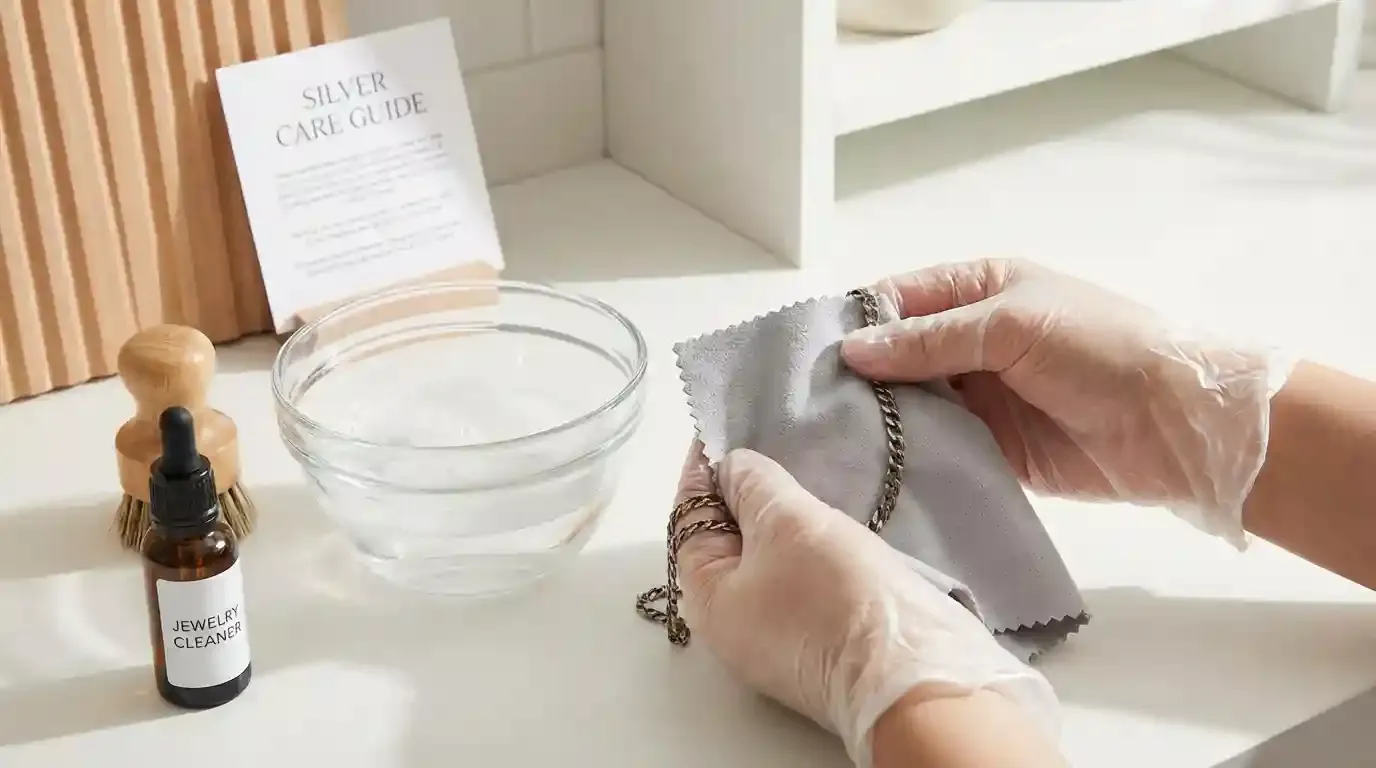 A close-up of a hand cleaning stainless steel jewelry with a soft cloth and soapy water