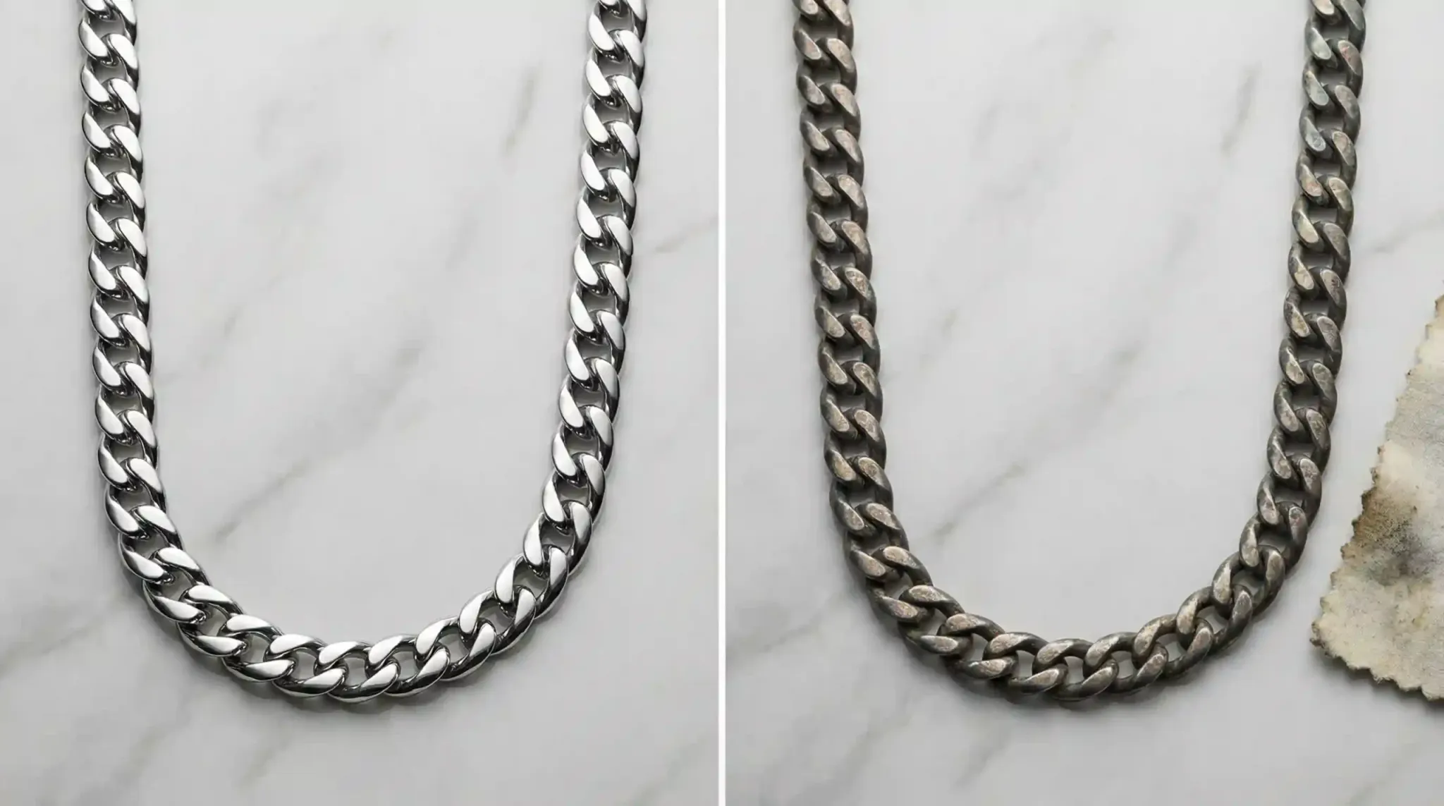 Side-by-side comparison of a shiny stainless steel chain and a tarnished silver chain