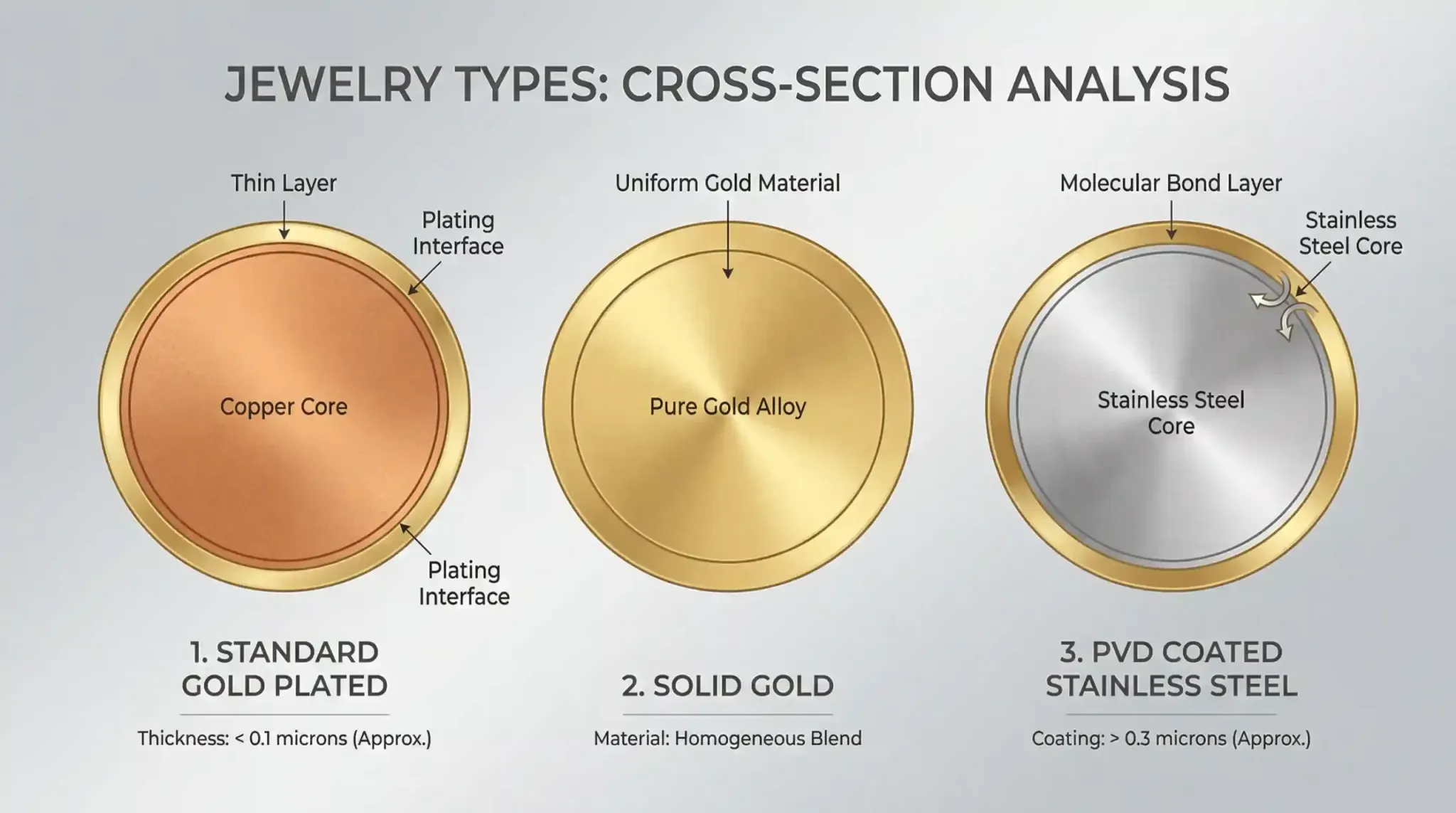 An infographic showing the cross-section layers of standard gold-plated copper, solid gold alloy, and PVD-coated stainless steel.
