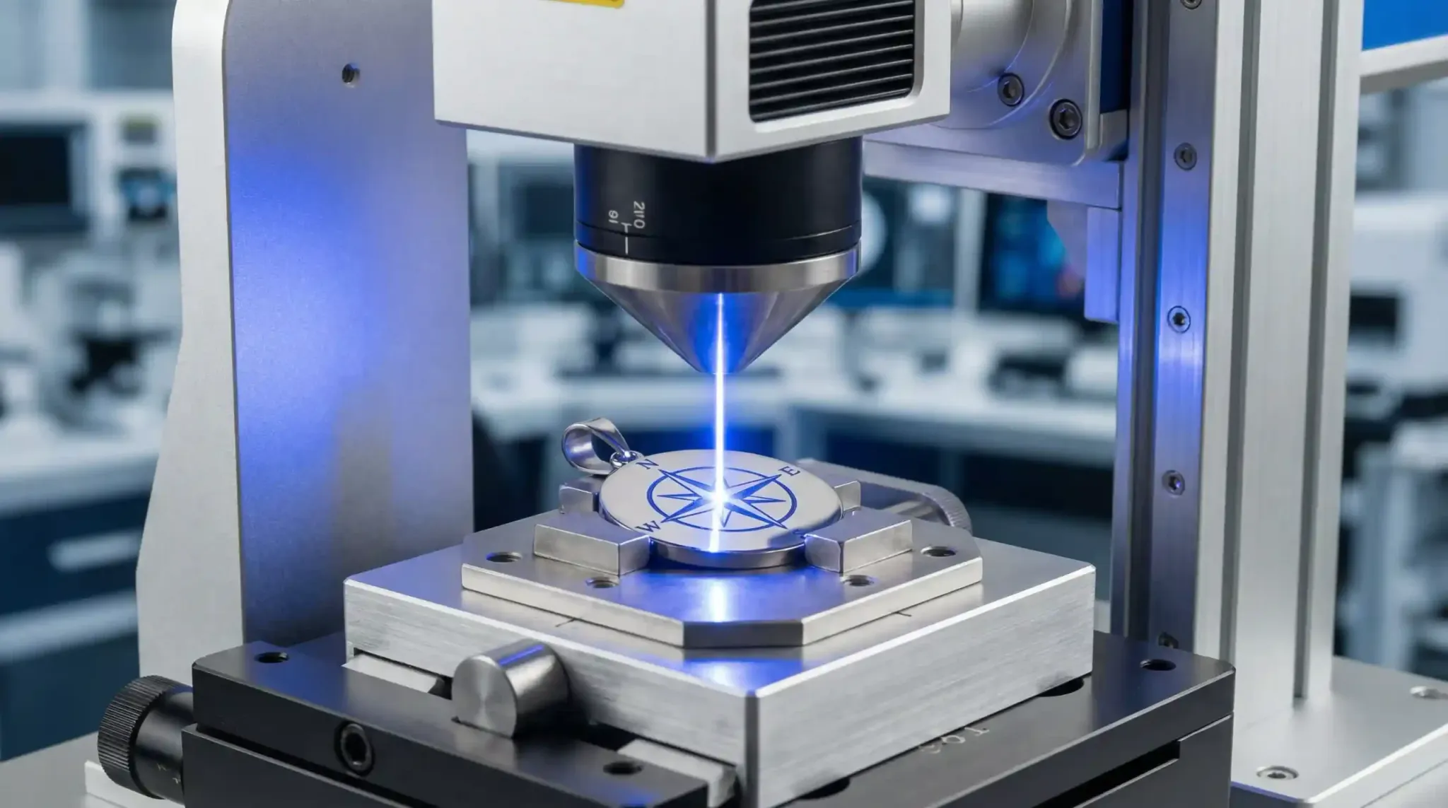 A high-tech laser machine precisely engraving a compass design onto a circular metal pendant