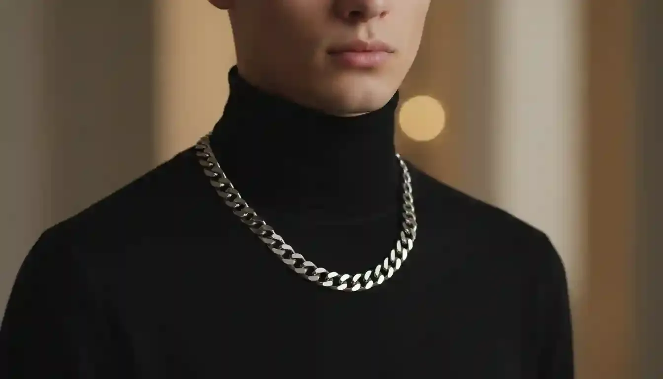 A man wearing a black turtleneck with a thick, high-polished silver-tone curb chain.