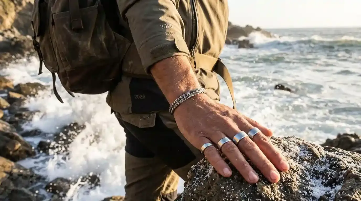 A lifestyle shot of a person wearing high-quality stainless steel jewelry while hiking near the coast