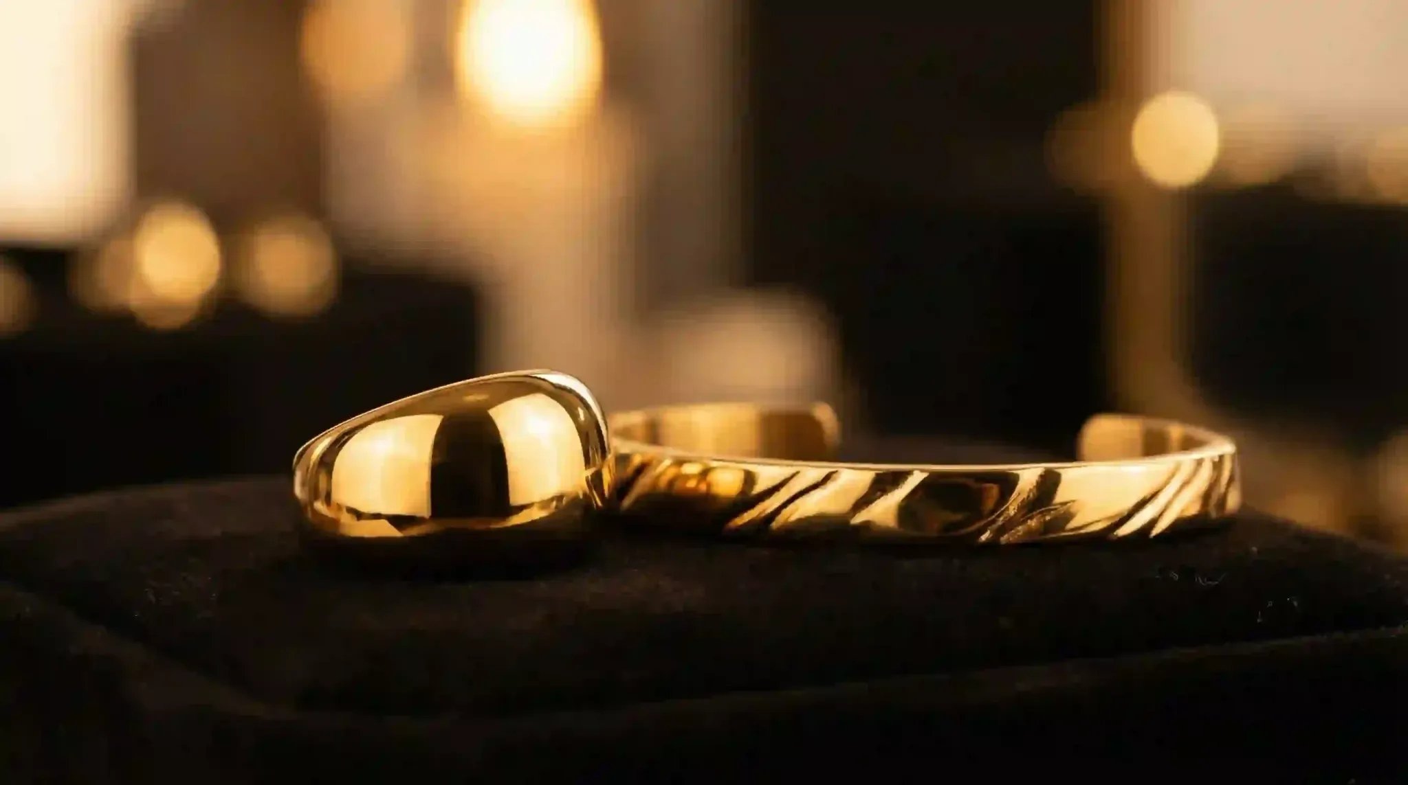 Closeup of luxury PVD gold jewelry showing a mirror-like finish