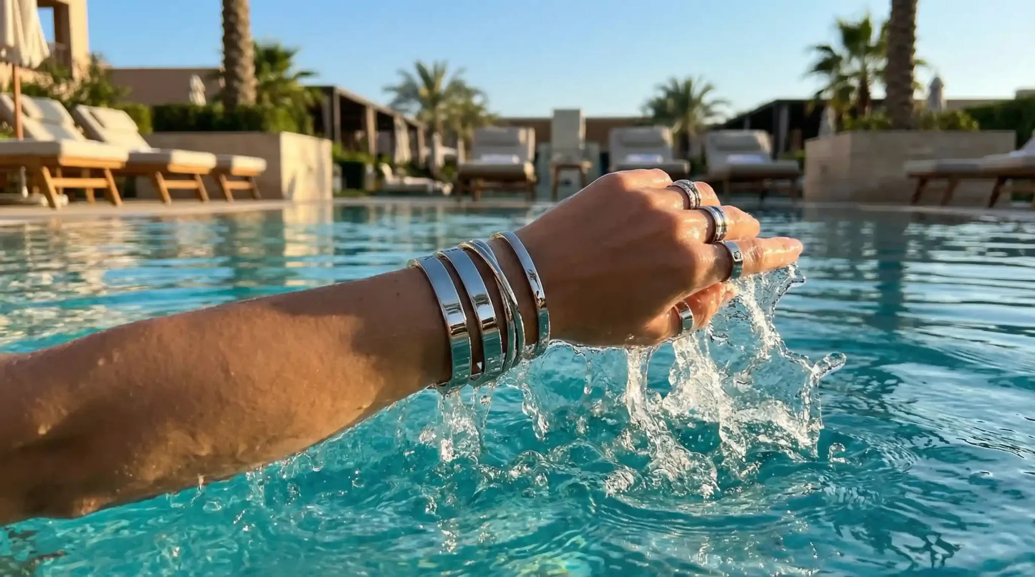 Lifestyle shot of a hand wearing multiple high-quality stainless steel rings and bracelets splashing through clear pool water.