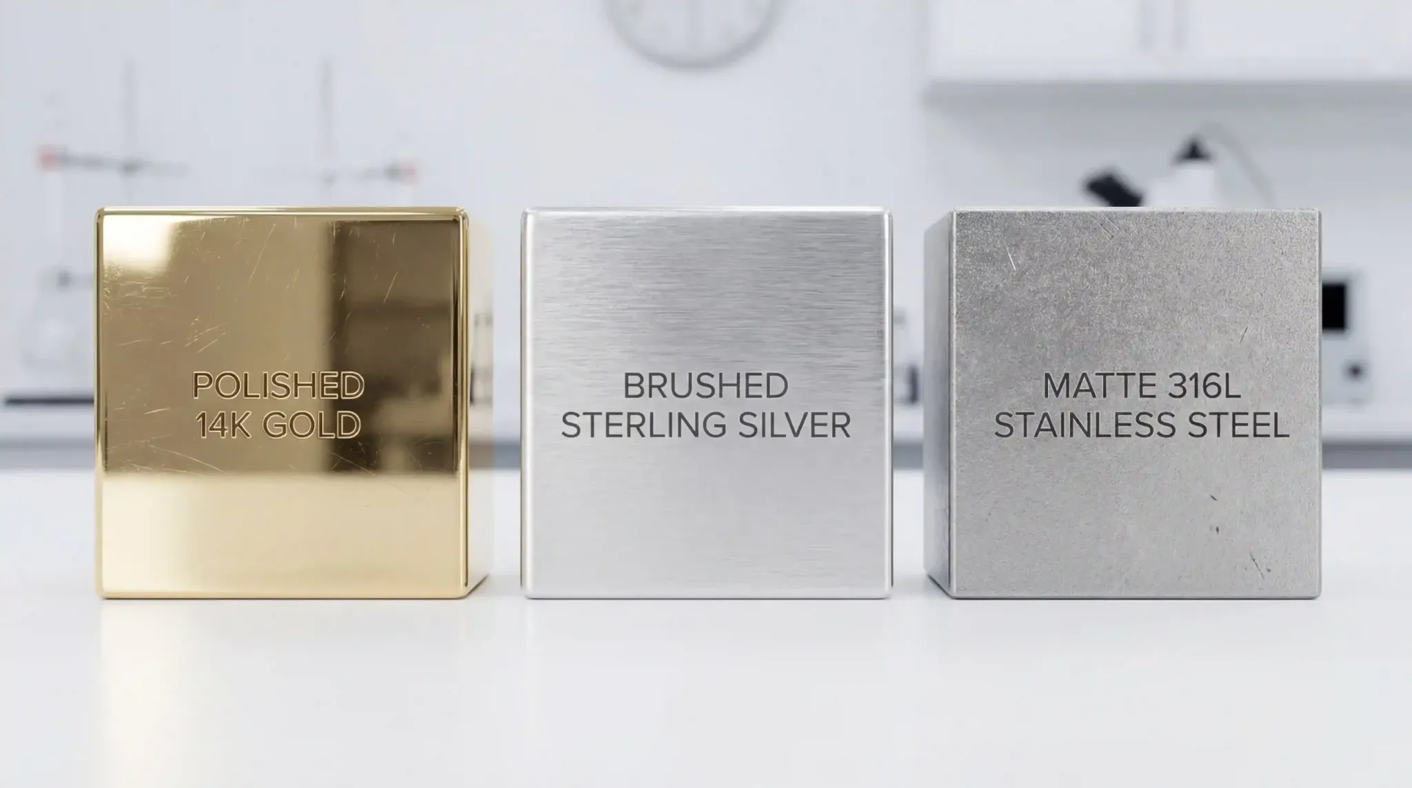 A comparison of three metal cubes showing polished 14k gold, brushed sterling silver, and matte 316L stainless steel.