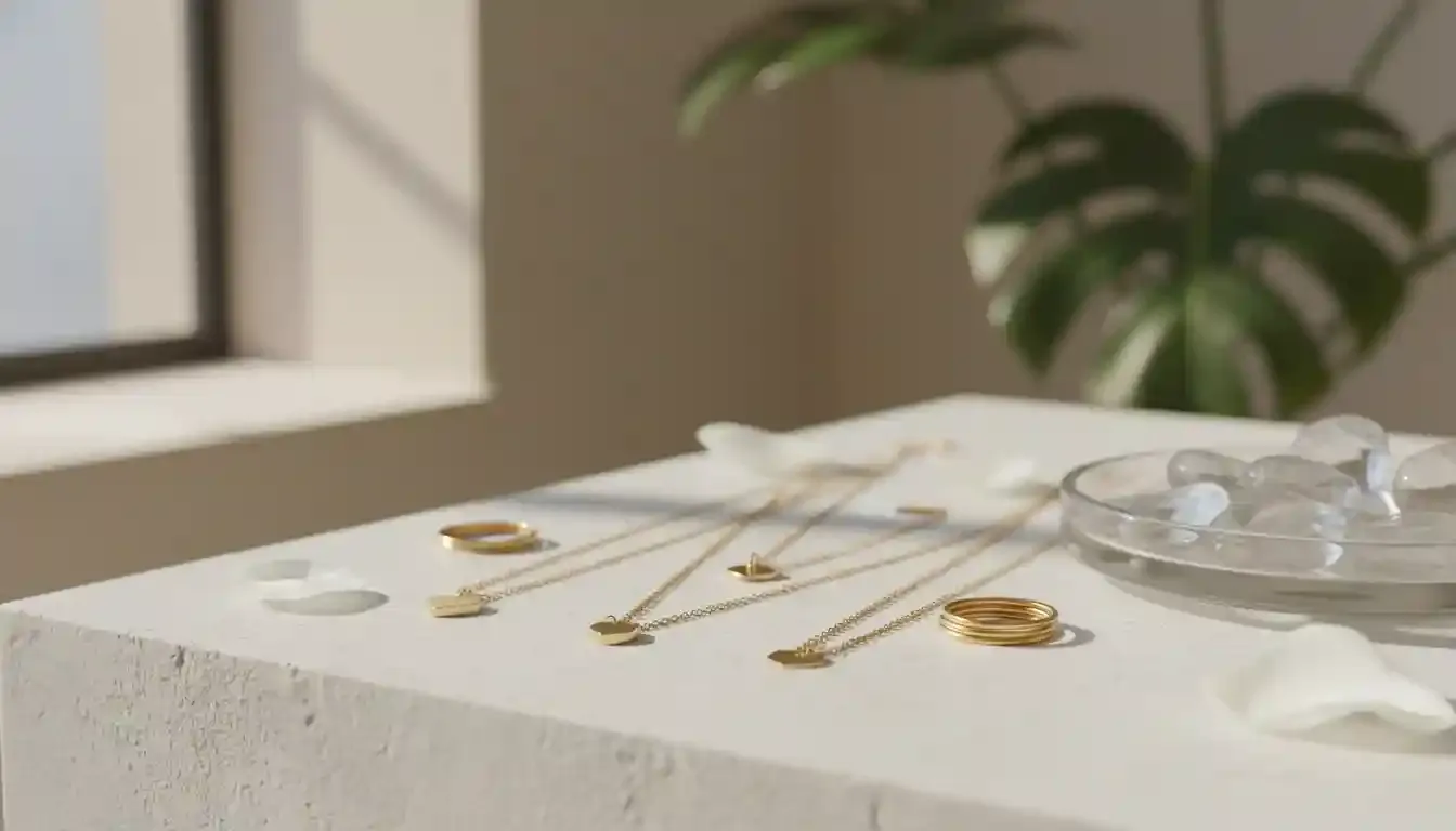 Modern woman layering multiple gold-tone stainless steel necklaces and textured hoops