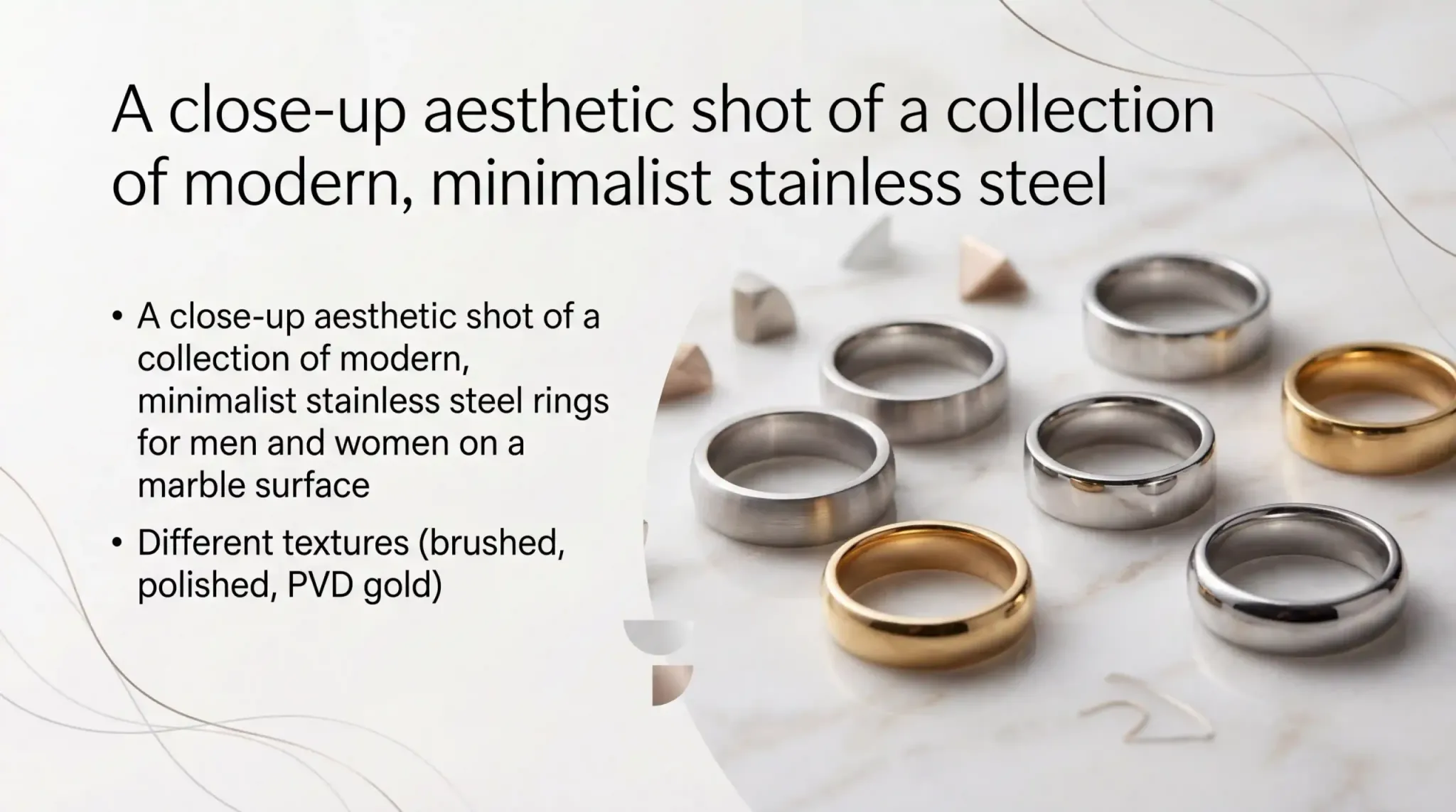 A collection of modern, minimalist stainless steel rings for men and women on a marble surface