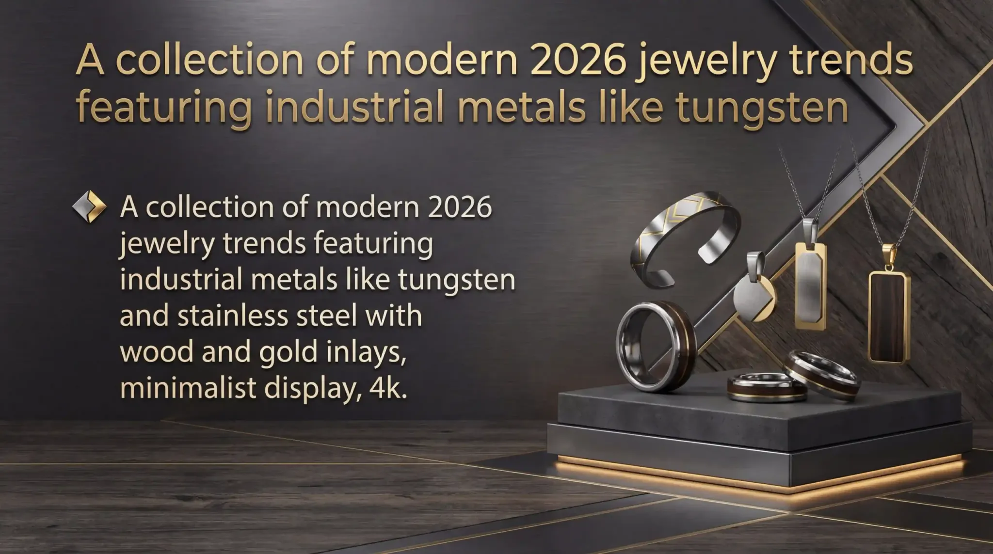 A collection of modern 2026 jewelry trends featuring industrial metals like tungsten and stainless steel