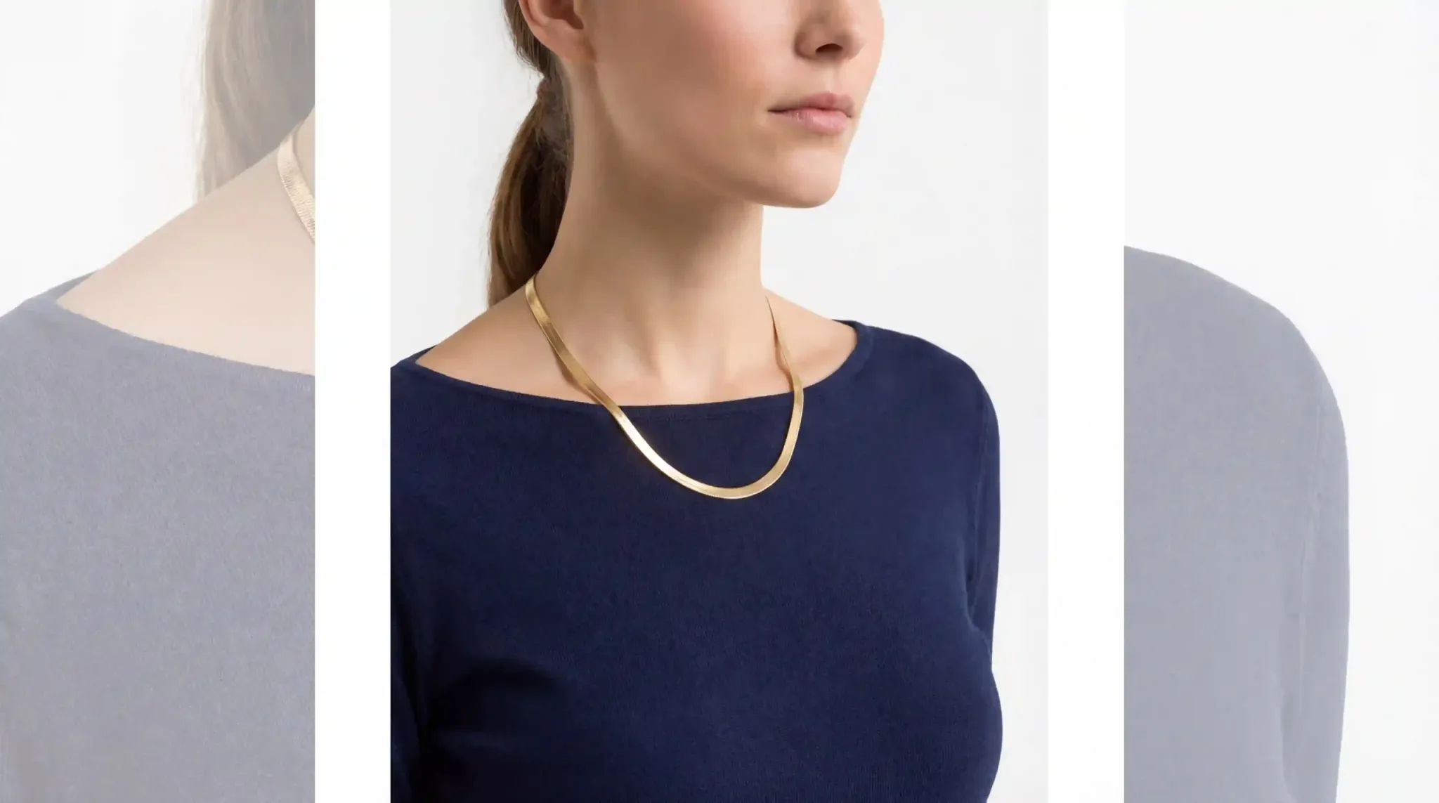 navy boat neck gold chaiGold herringbone chain on a navy boat neck topn fashion index 34096x2286