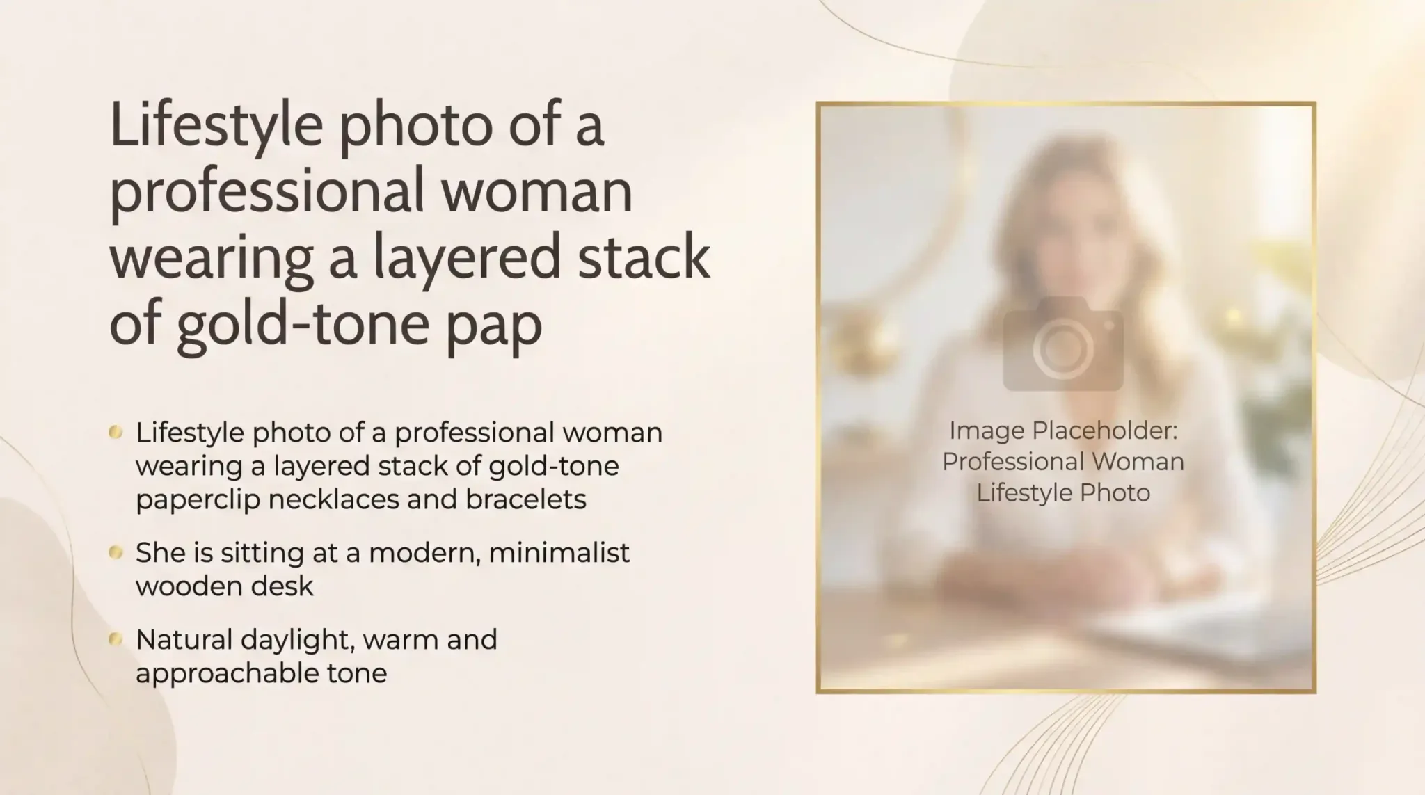 Lifestyle photo of a professional woman wearing a layered stack of gold-tone paperclip jewelry