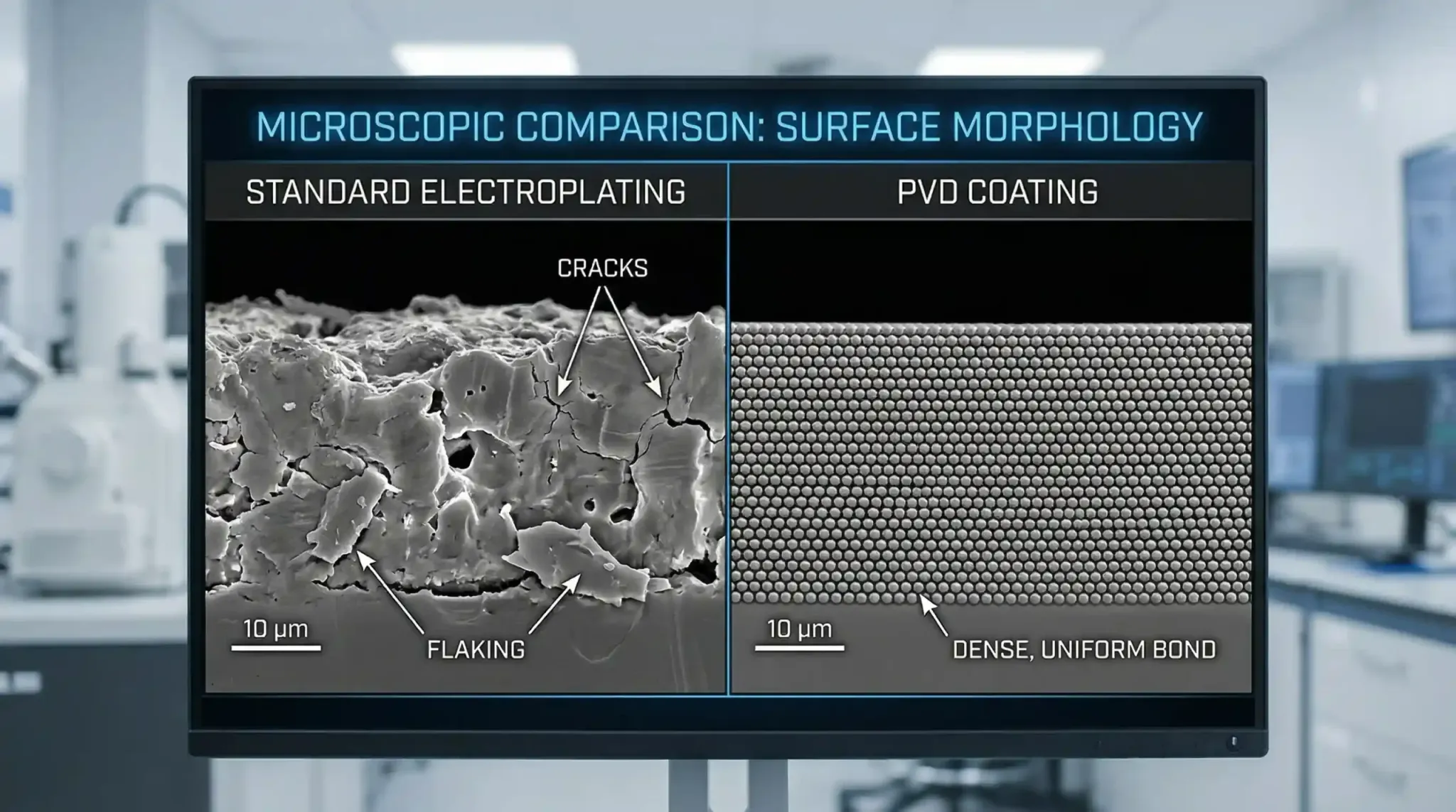A microscopic split-screen comparison showing the cracked, flaking surface of standard electroplating versus the dense, uniform molecular bond of PVD coating.