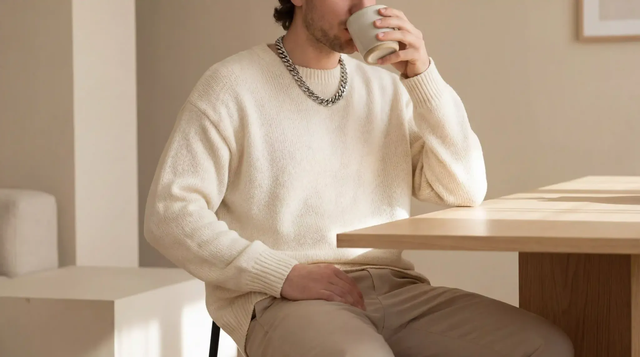 A lifestyle photo showing a model wearing a heavy, oversized 316L stainless steel curb chain paired with a minimalist Quiet Luxury outfit.