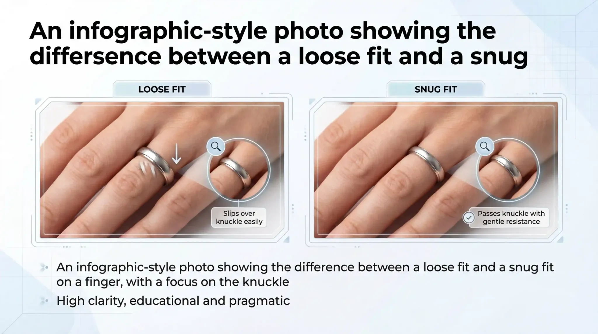 Comparison of loose and snug ring fits on a finger, highlighting knuckle resistance
