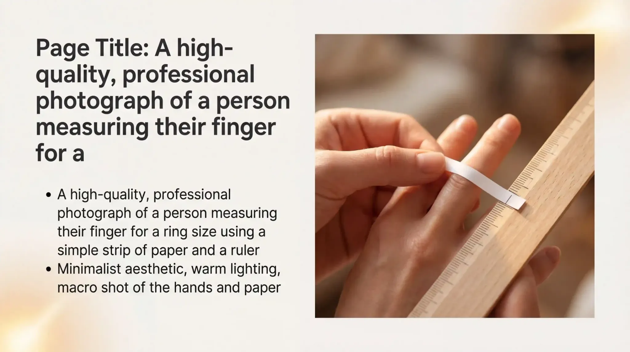 A person measuring their finger for a ring size using a simple strip of paper and a ruler