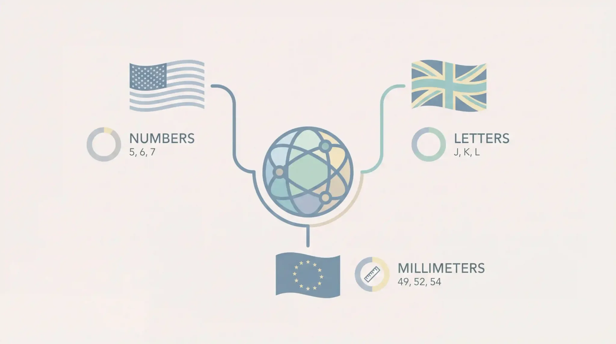 An infographic showing how US, UK, and European sizing formats compare using a globe and flag icons.