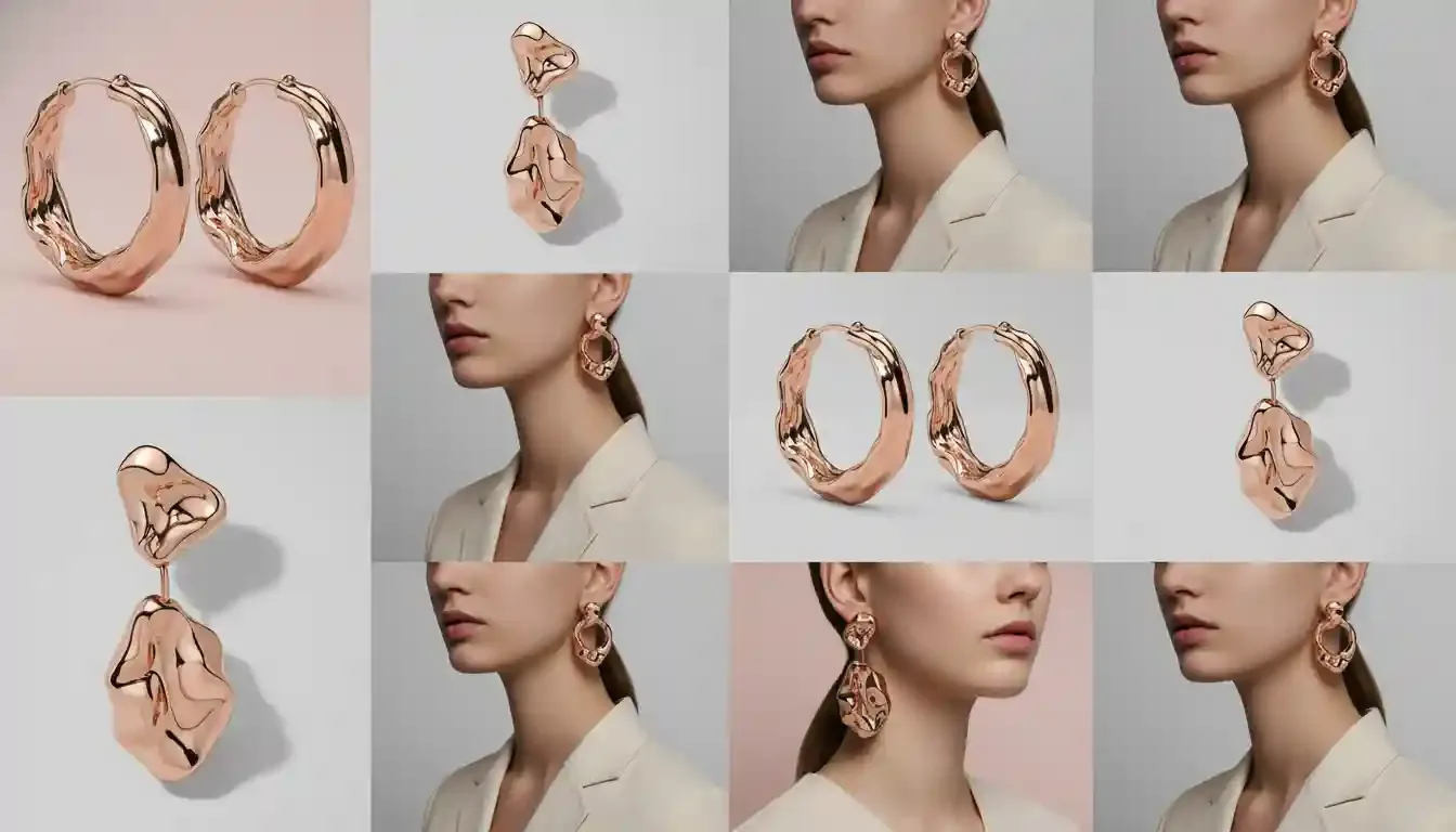 A montage of 2026 earring styles including molten hoops and asymmetrical rose gold drops.